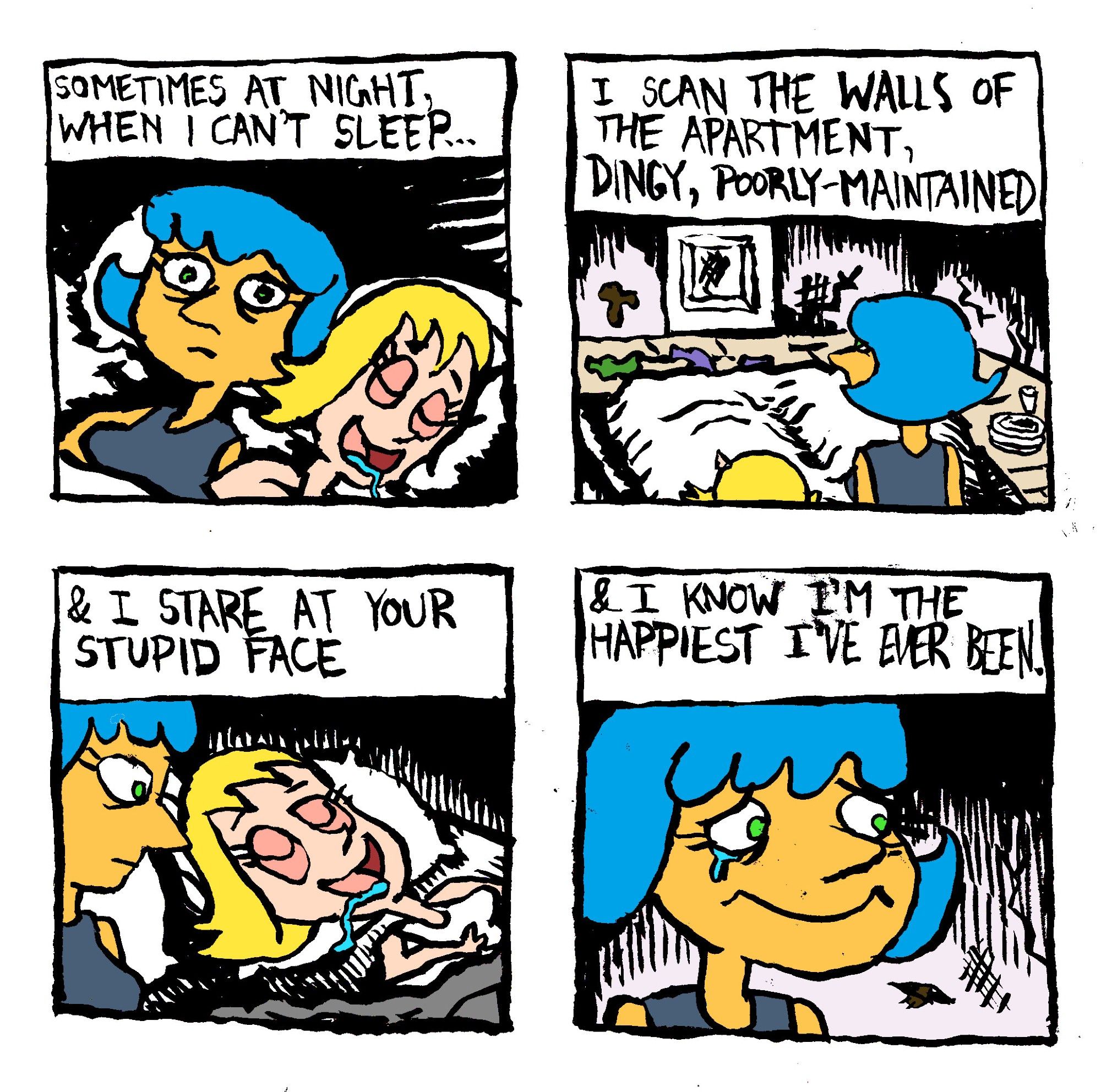 Sometimes at night, when I can't sleep... I can the walls of the apartment, dingy, poorly-maintained. And I stare at your stupid face. And I know I'm the happiest I've ever been.