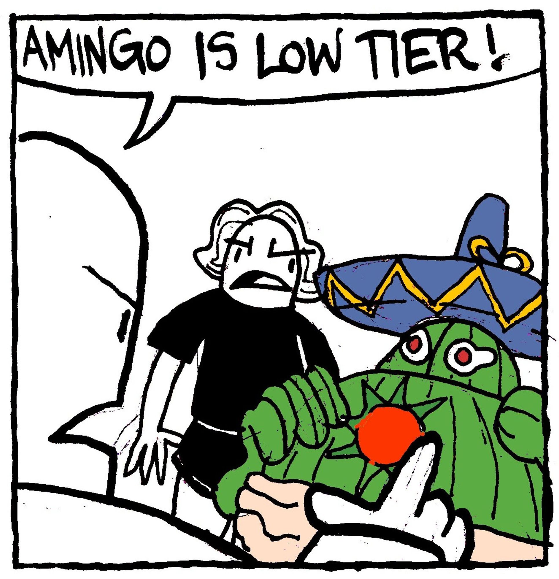 A man points to Amingo and says "Amingo is low tier."