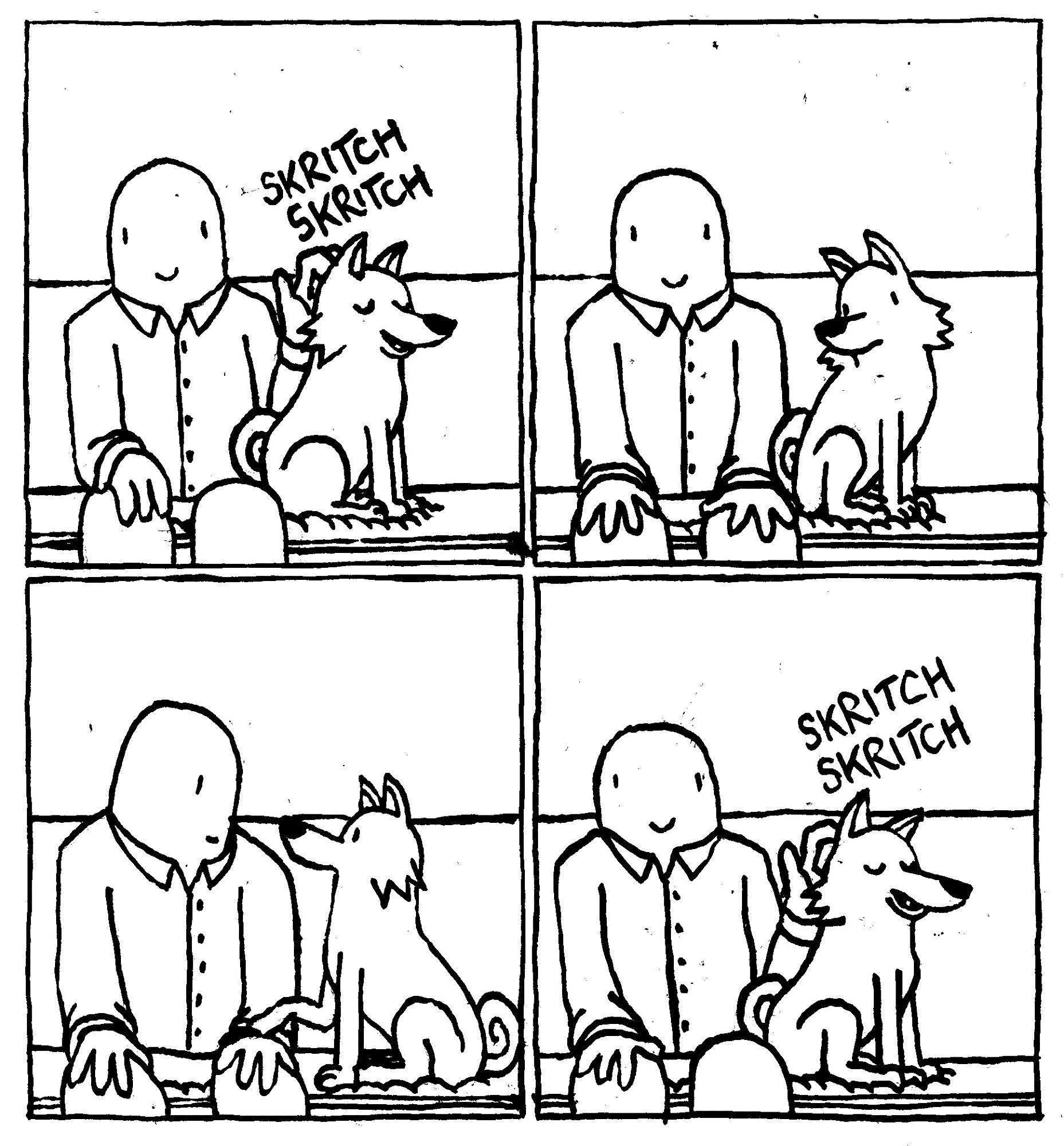 A man skritches the back of his dog's head. He stops and the dog looks over longingly. The dog puts a single polite paw on the man's arm. The man goes back to skritching the dog's head.