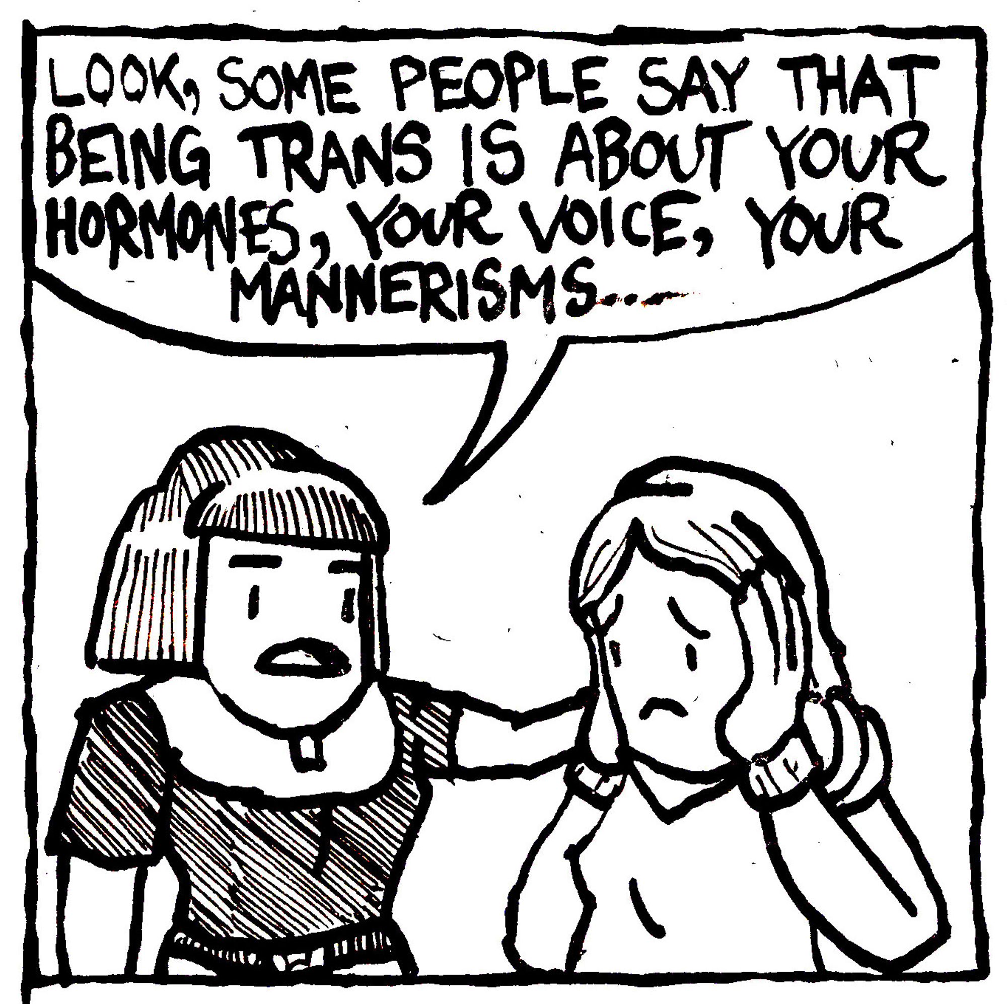 A trans woman consoles another trans woman saying "look, some people say that being trans is about your hormones, your voice, your mannerisms..."