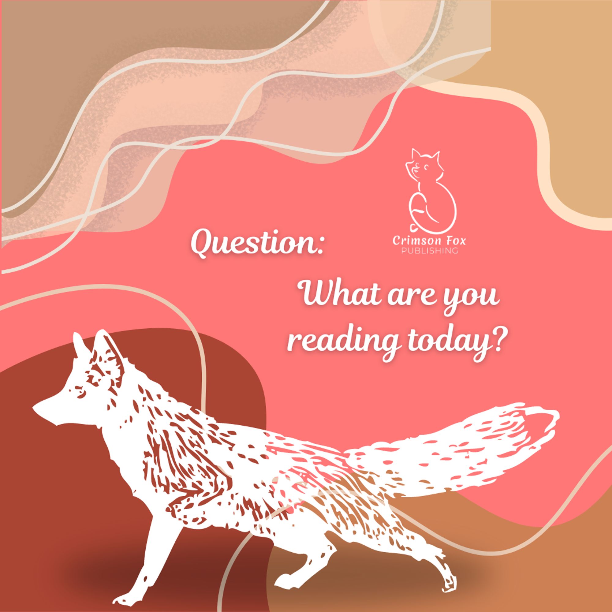 Image: White silhouette of a fox on a multi-colored background.

Text: Question, what are you reading today?