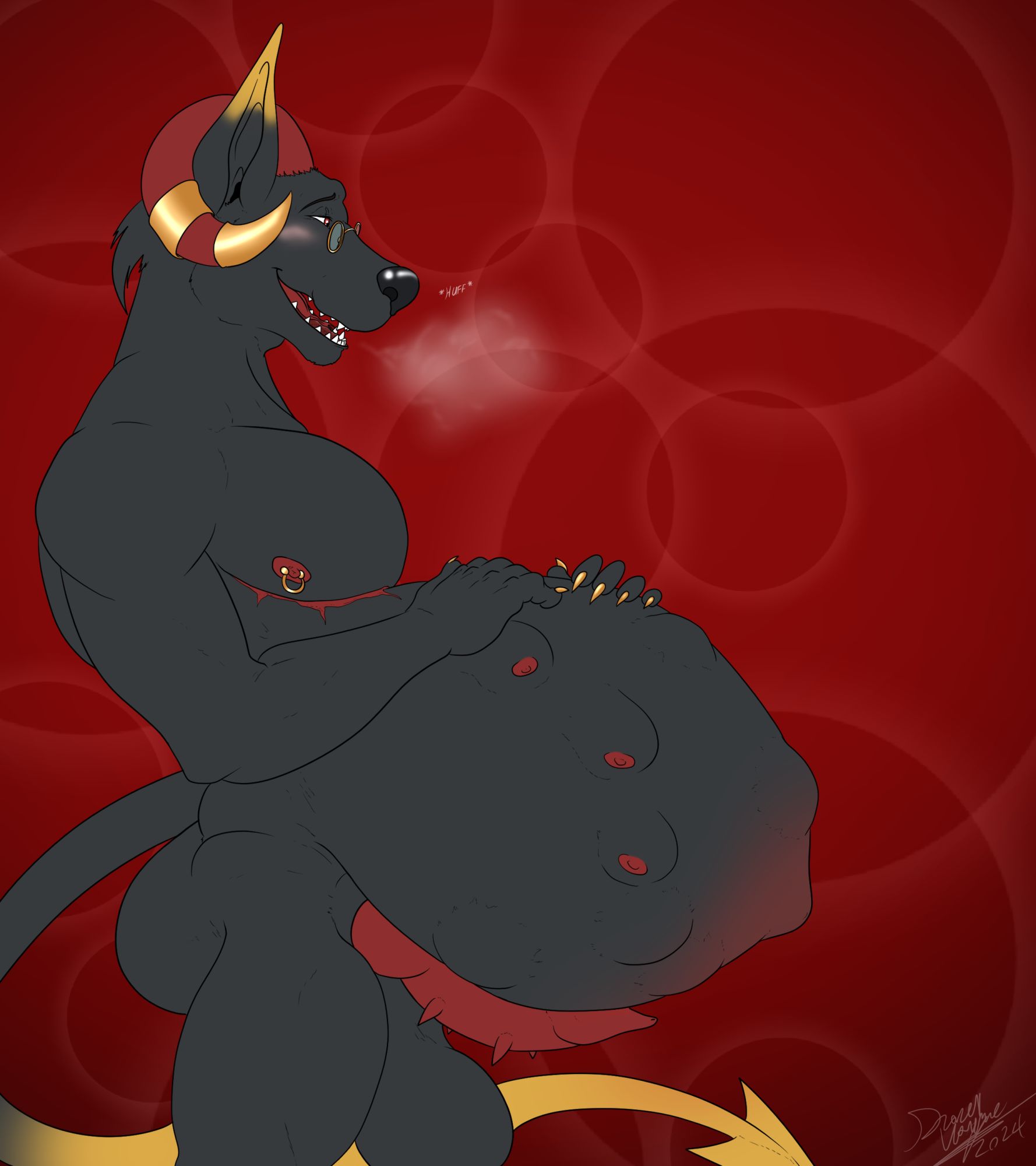 Side profile of an extremely pregnant male tiefling jackal. There are kicks all across his belly, his knotted cock is out, and he is panting.