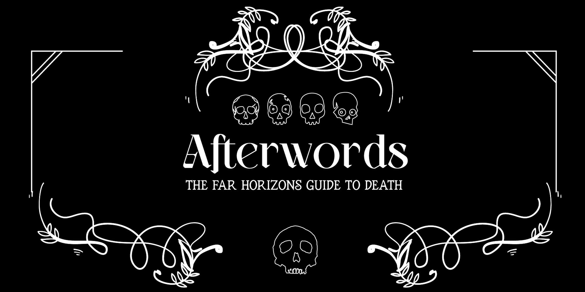 AFTERWORDS banner, features the name of the anthology and line art skulls on an art deco background.