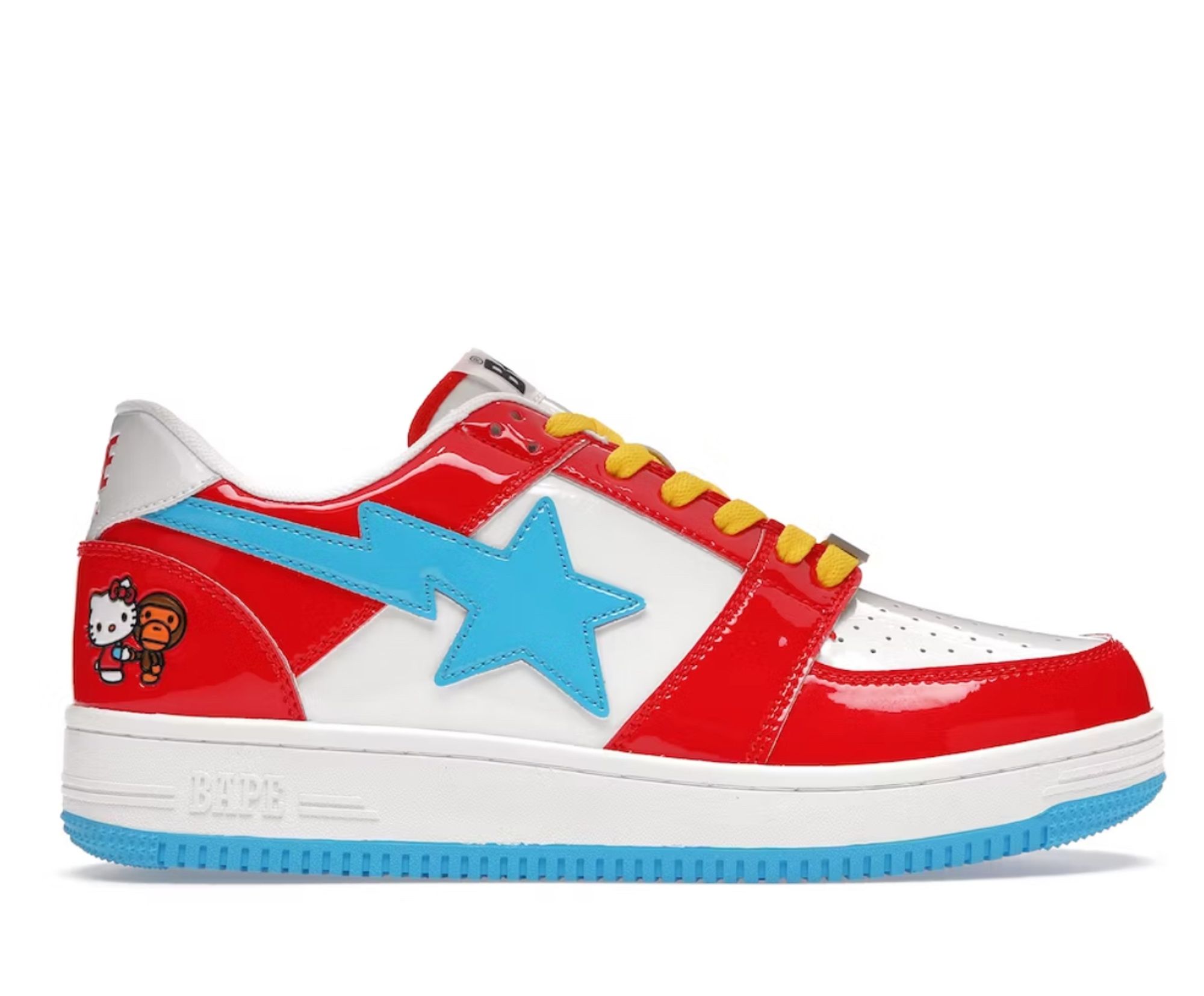 Bapesta shoes that resemble Nike Air Force 1s with Hello Kitty colorway : blue, red and white, with hello kitty on the heels