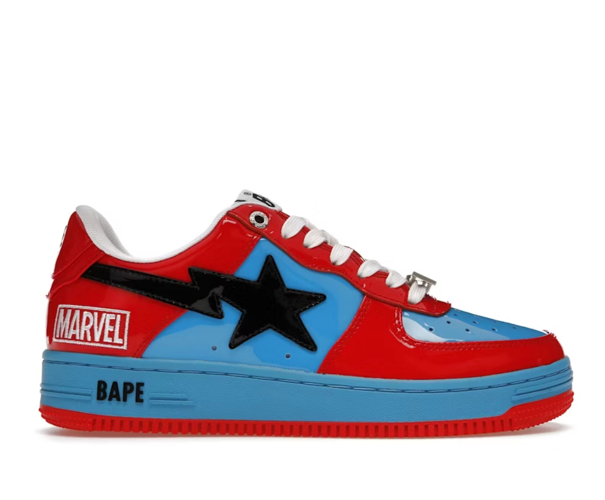 Bapesta shoes that resemble Nike Air Force 1s with Spider-man colorway : blue, red and black