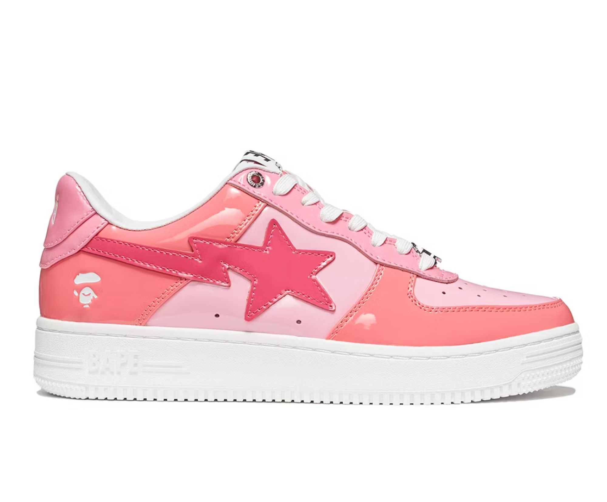 Bapesta shoes that resemble Nike Air Force 1s with various shades of pink colorway