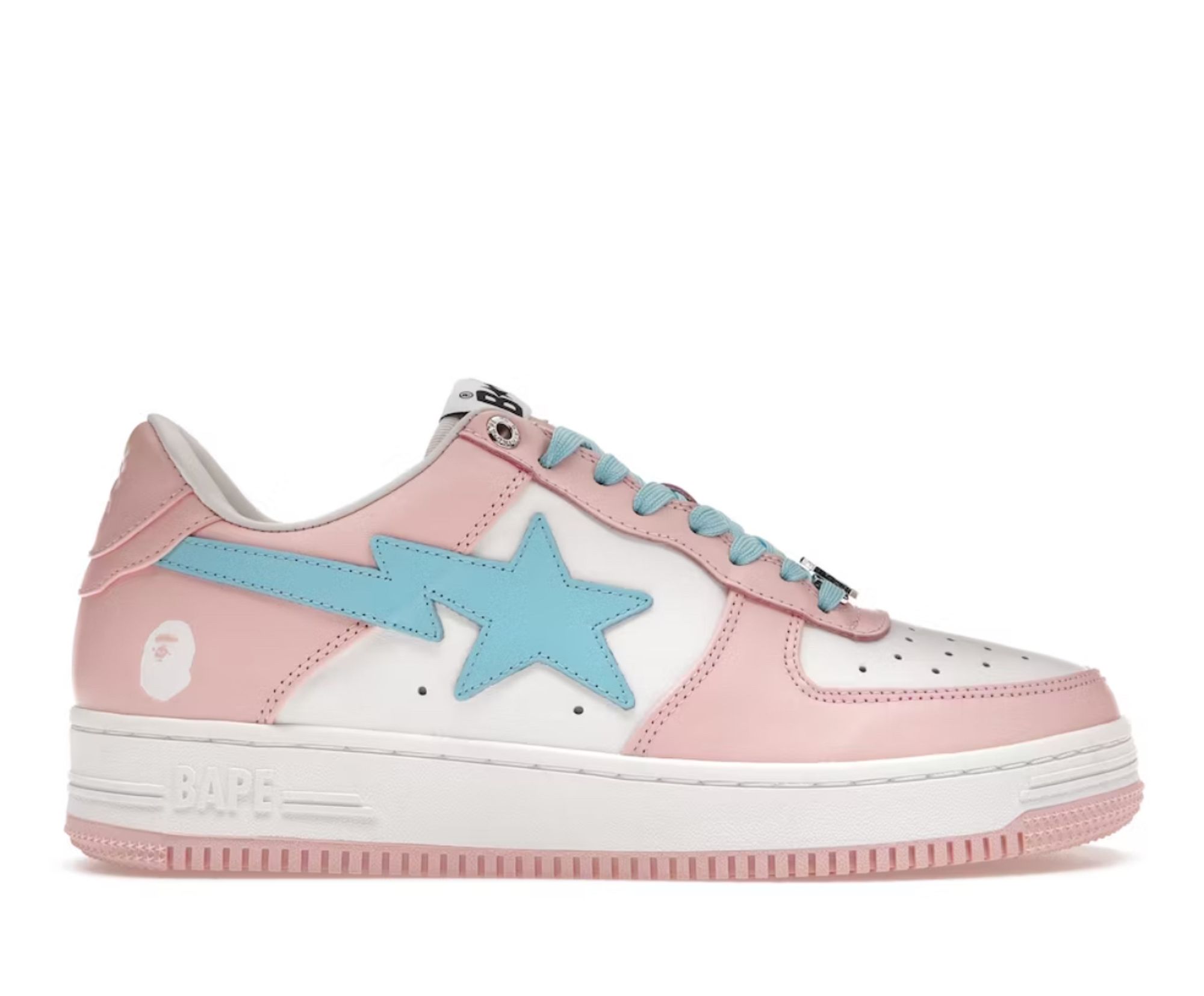 Bapesta shoes that resemble Nike Air Force 1s with pale pink and blue colorway, reminiscent of the trans flag