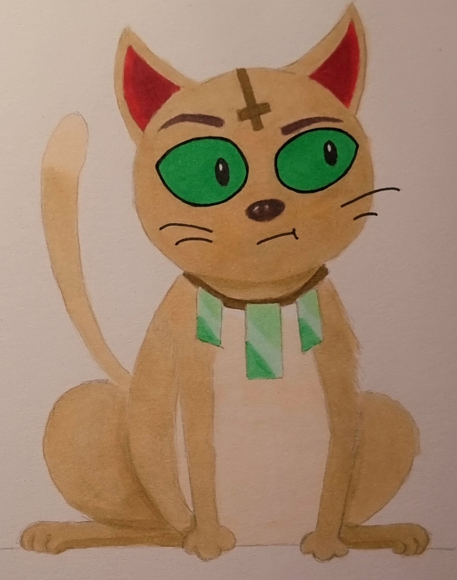 A Copic marker drawing of Killten from The Holy Gosh Darn. Killten is a cartoon cat with big green eyes. He has an upside-down cross tattoo on his forehead and is wearing a collar/necklace with green rectangles hanging from it. He is raising one eyebrow while looking to the viewer's right.