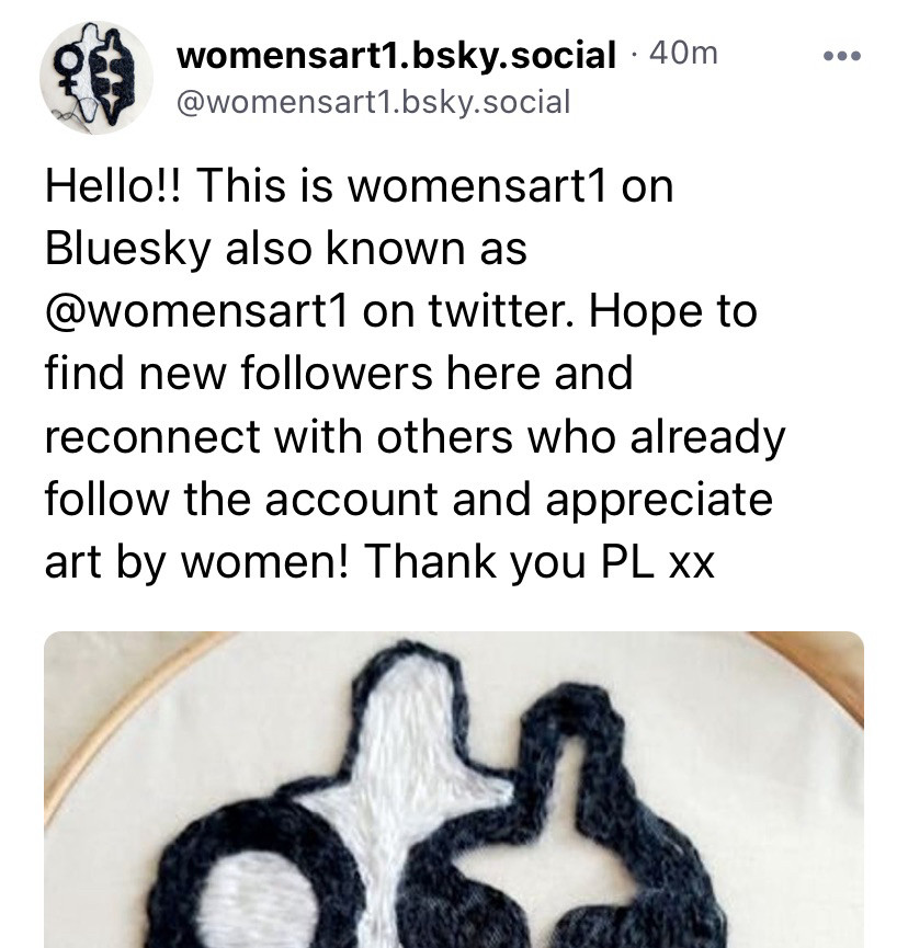 A screencap of the first post by womensart1 (same account on Bluesky and Twitter)