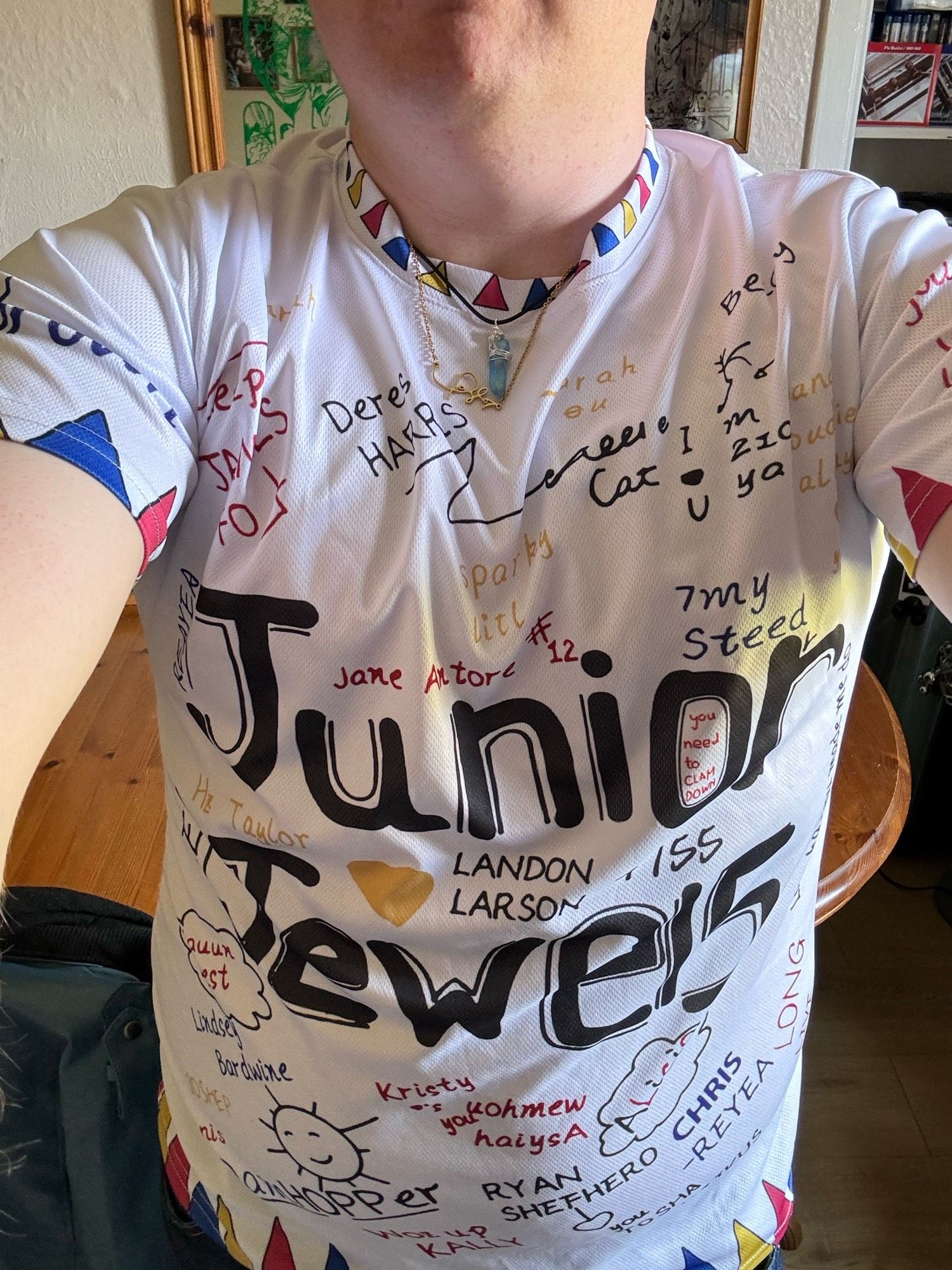 Me wearing my Junior Jewels t-shirt like the one worn by Taylor Swift in the You Belong With Me Music video and my Taylor signature gold necklace as well as my blue crystal necklace