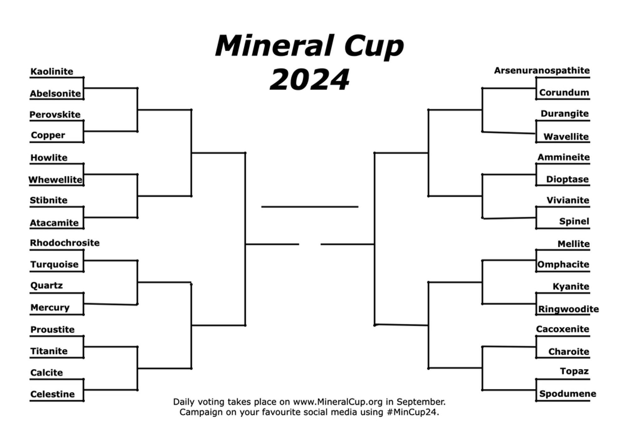 Voting brackets for Mineral Cup 2024. Daily voting takes place on www.MineralCup.org in September. Campaign on your favourite social media using #MinCup24. Matches for round 1 are
1 Kaolinite vs Abelsonite
2 Arsenuranospathite vs Corundum
3 Perovskite vs Copper
4 Durangite vs Wavellite
5 Howlite vs Whewellite
6 Ammineite vs Dioptase
7 Stibnite vs Atacamite
8 Vivianite vs Spinel
9 Rhodochrosite vs Turquoise
10 Mellite vs Omphacite
11 Quartz vs Mercury
12 Kyanite vs Ringwoodite
13 Proustite vs Titanite
14 Cacoxenite vs Charoite
15 Calcite vs Celestine
16 Topaz vs Spodumene