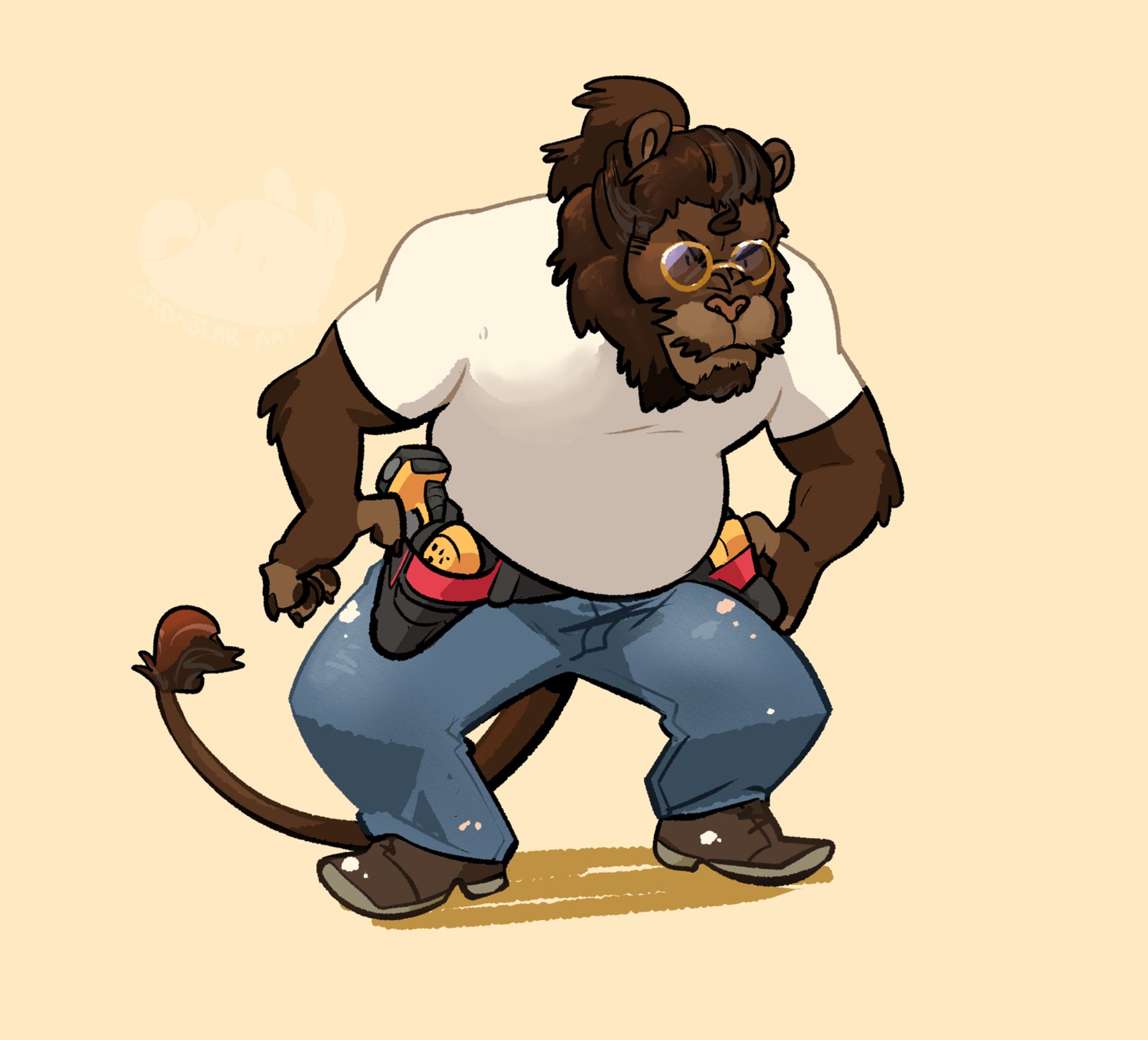 a buff dark brown lion with his mane tied back and gold glasses crouching, as if for an old Western standoff, reaching for a pair of electric drills holstered, one on each hip. He's dressed for in a white tee and paint stained jeans and workboots.