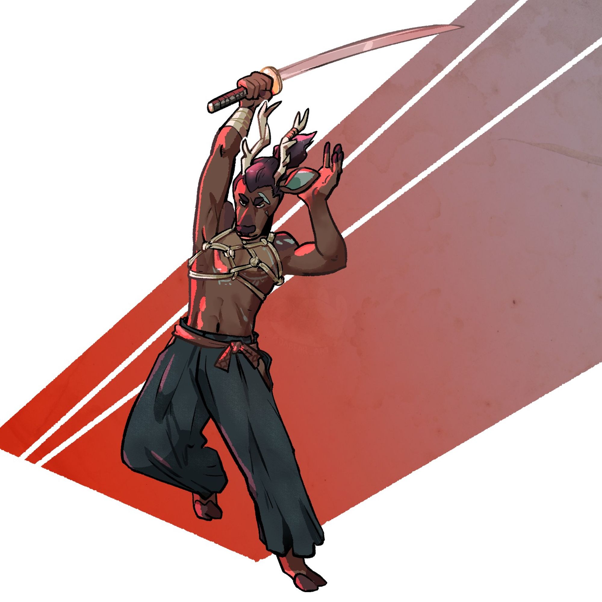 Slim, well muscled sika deer anthro with long hair ties up in a ponytail mid swing of a sword. He is shirtless, wearing a simple shibari harness and samurai pants. Dramatically lit with red light, intense expression on his slender face.