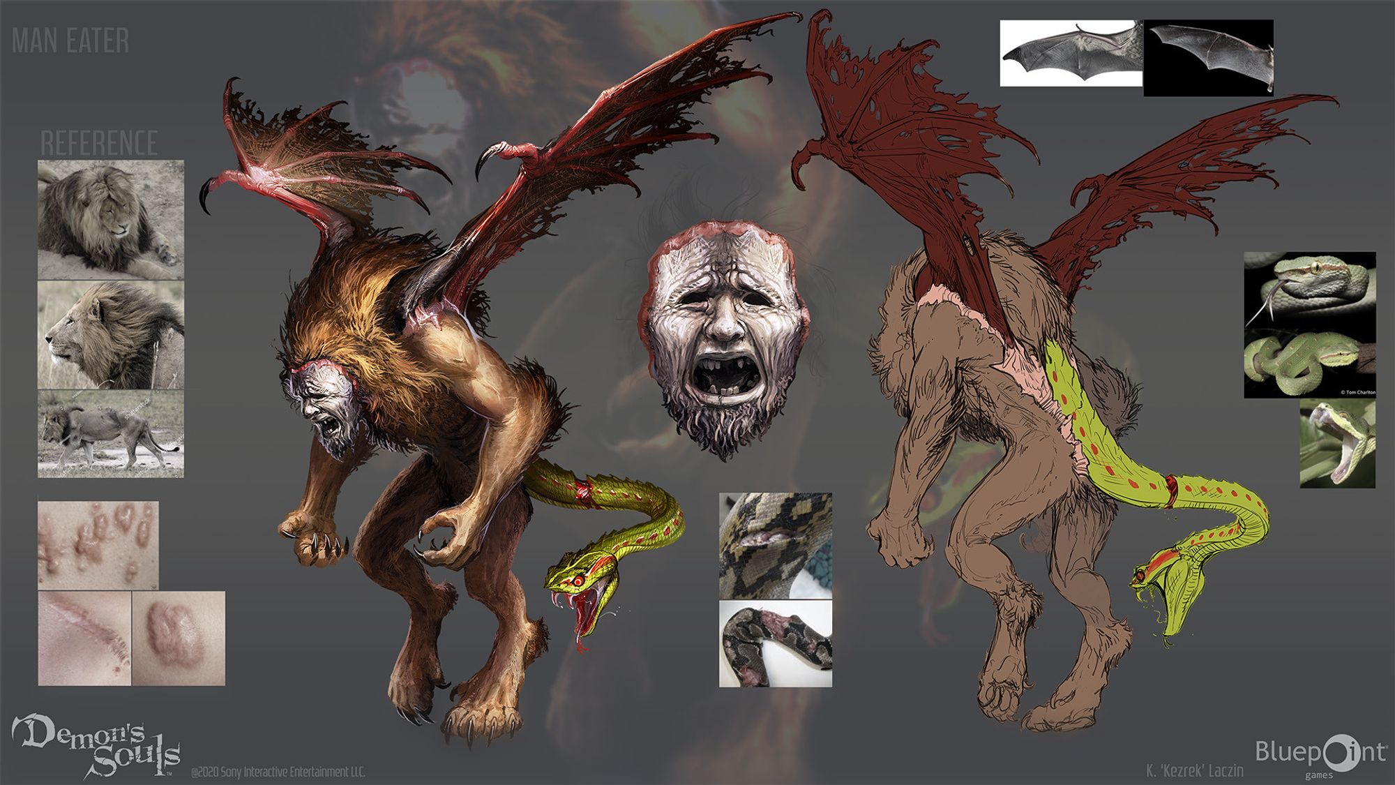 The man-eater concept art shows a creature stitched together from a lion, bat, snake, and a stony man's face locked in an expression of agony.