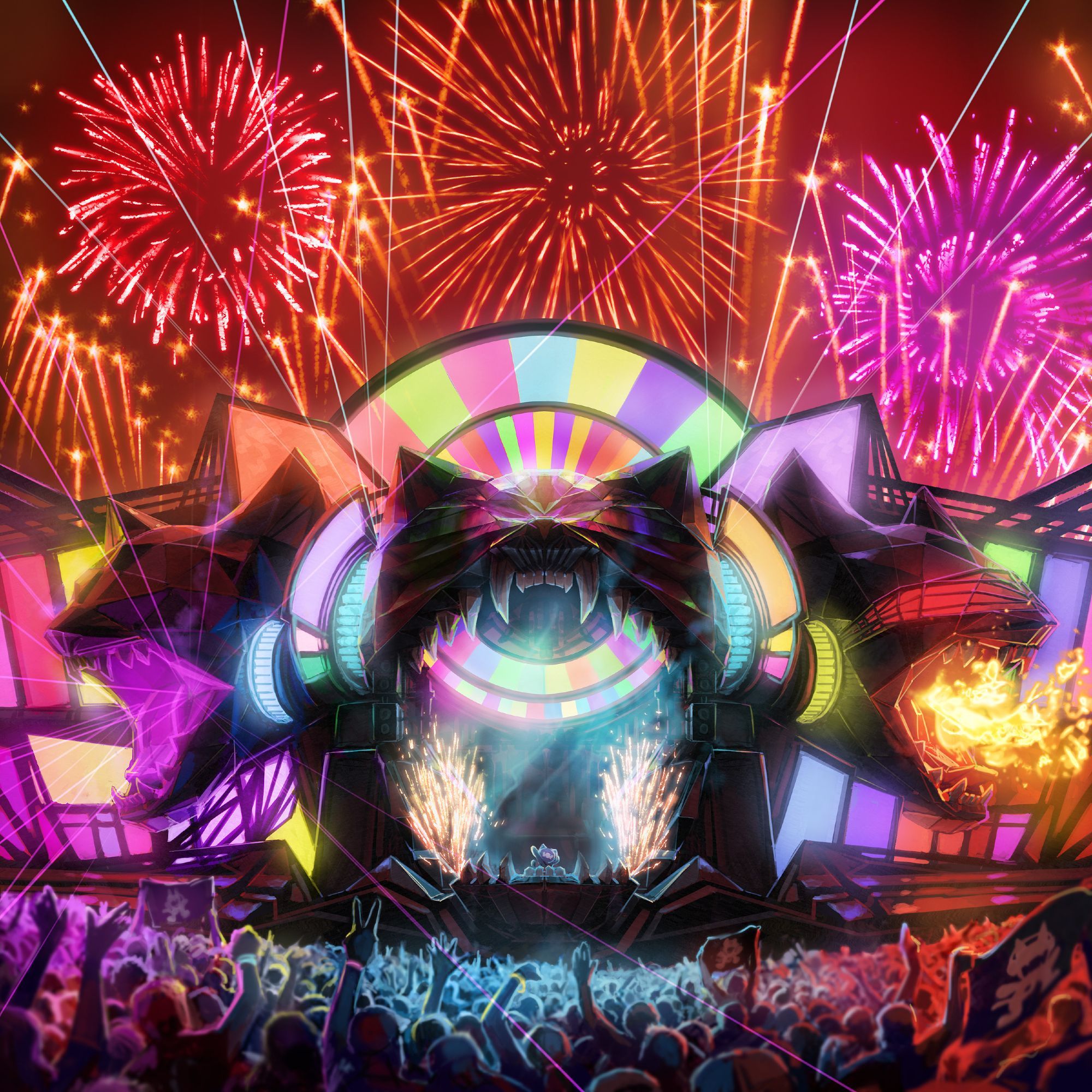 A rave, a party, it's chaos, there's fire and lasers and fireworks all surrounding a music stage where a distant little Monstercat beckons the crowd's energy.