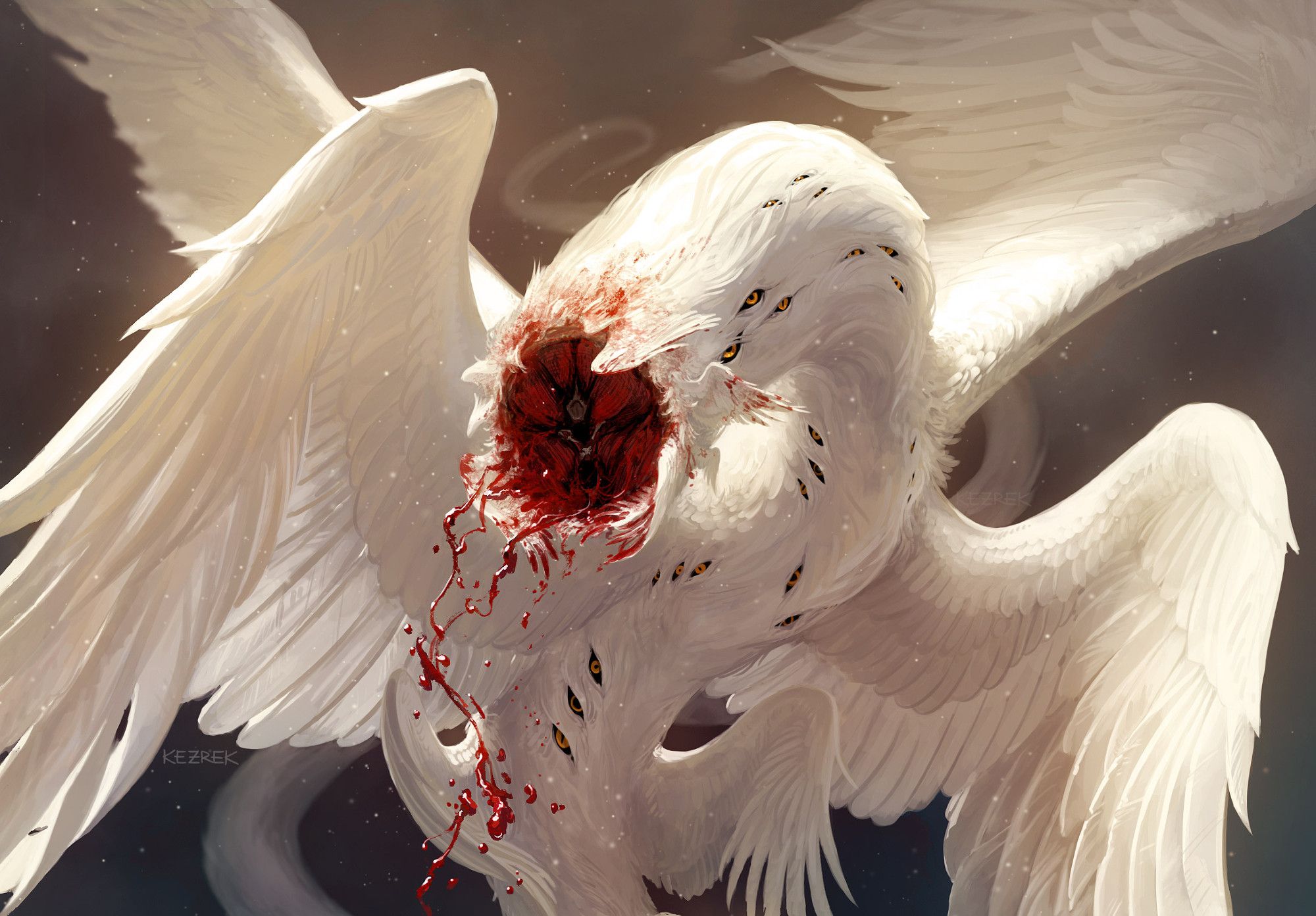 Flapping white wings silently hold this headless entity - the Watcher - in ethereal air. The multitude of eyes on its body don't seem to mind the blood and fluttering wings oozing from its severed neck. Instead it looks at you, and you alone.