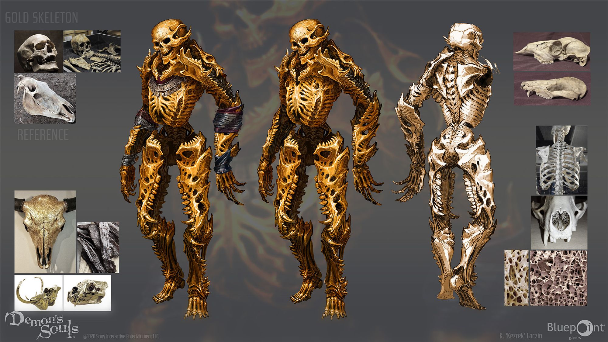 Gold skeleton concept art. This enemy's bony armor has been grotesquely morphed to resemble animal remains