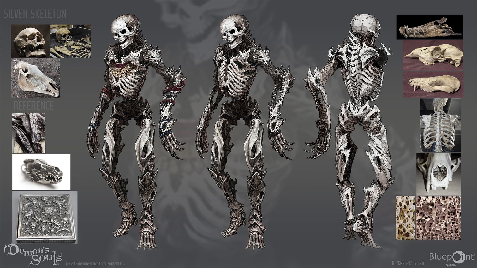 Silver skeleton concept art. This common enemy's bony details have been misshapen into horrific, macabre shapes