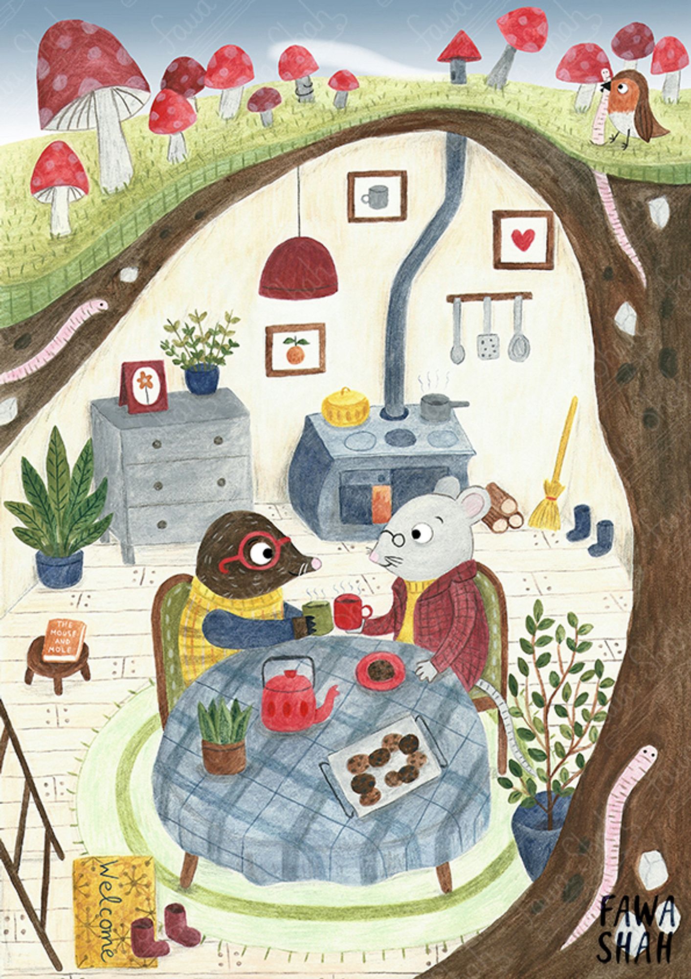 Mole and mouse having biscuits and tea