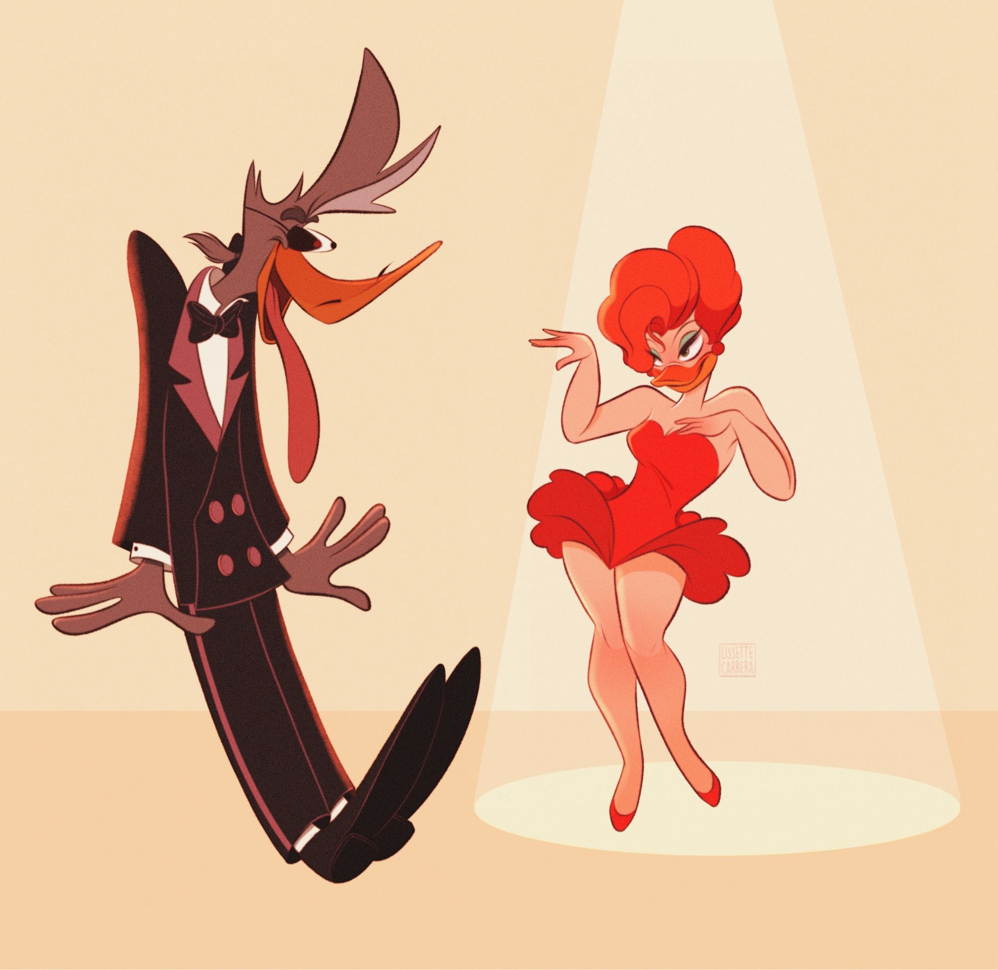 Duke L’Orange and Mallory McMallard dressed up as Tex Avery’s Big Bad Wolf and Red Hot Riding Hood for Halloween.