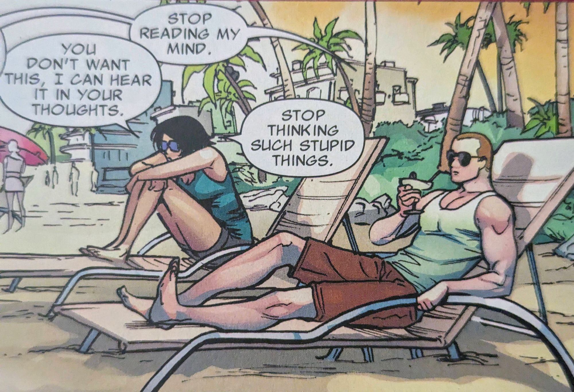 Aracely and Kaine chill on the beach. Aracely says, "you don't want this, I can hear it in your thoughts." Kaine replies, "stop reading my mind." Aracely responds, "stop thinking such stupid things."