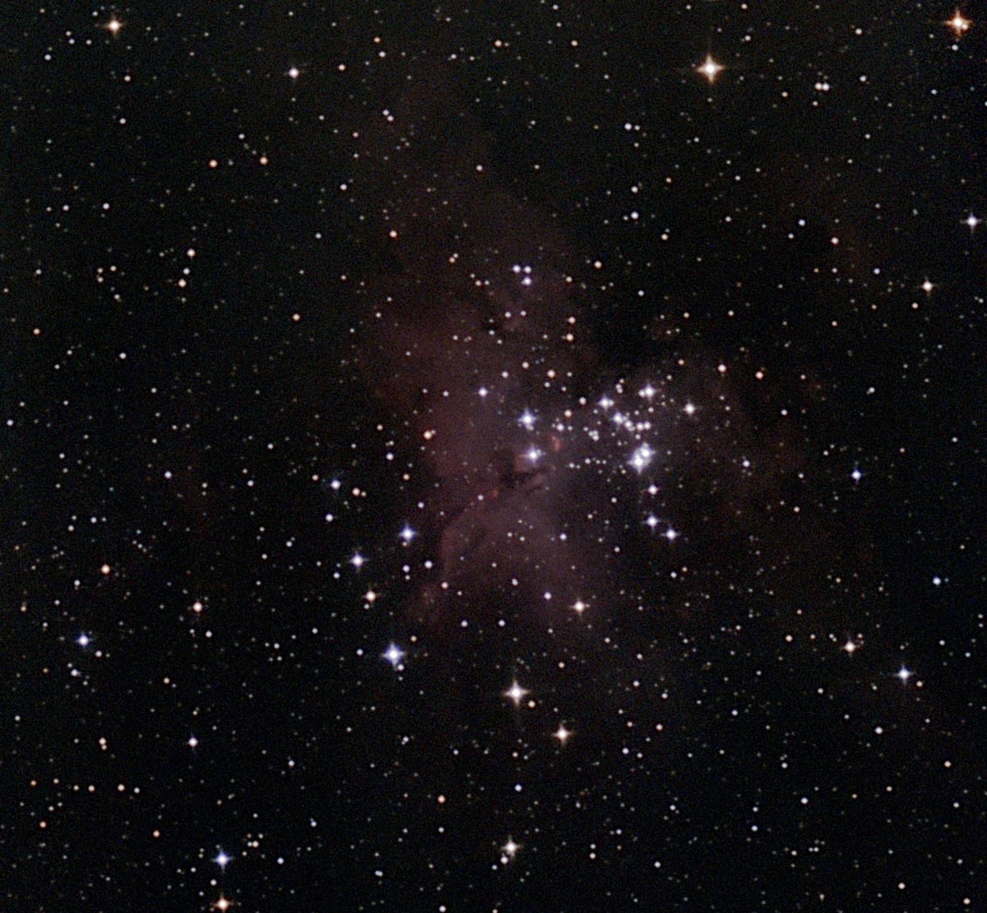 The eagle nebula with a diffuse red color, small  bright stars in and around the nebula show little diffraction spikes