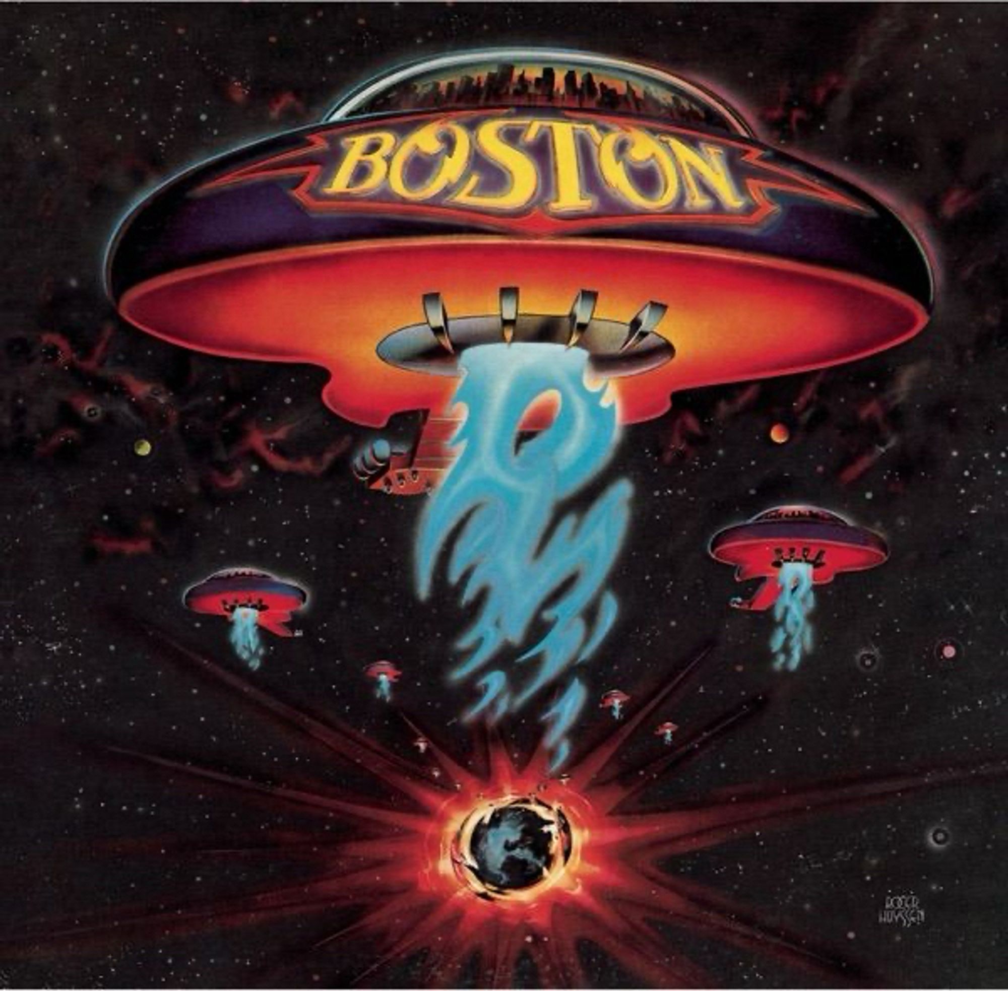 The album cover of the rock band Boston’s debut record depicting what appear to be spaceships but in actuality are upside down guitars