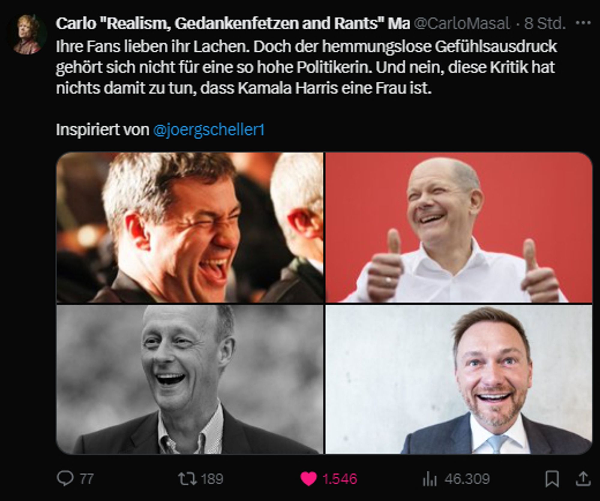 Söder, Merz, Lindner, Scholz lachend. Contra zur Kritik an Kamala Harris Lachen