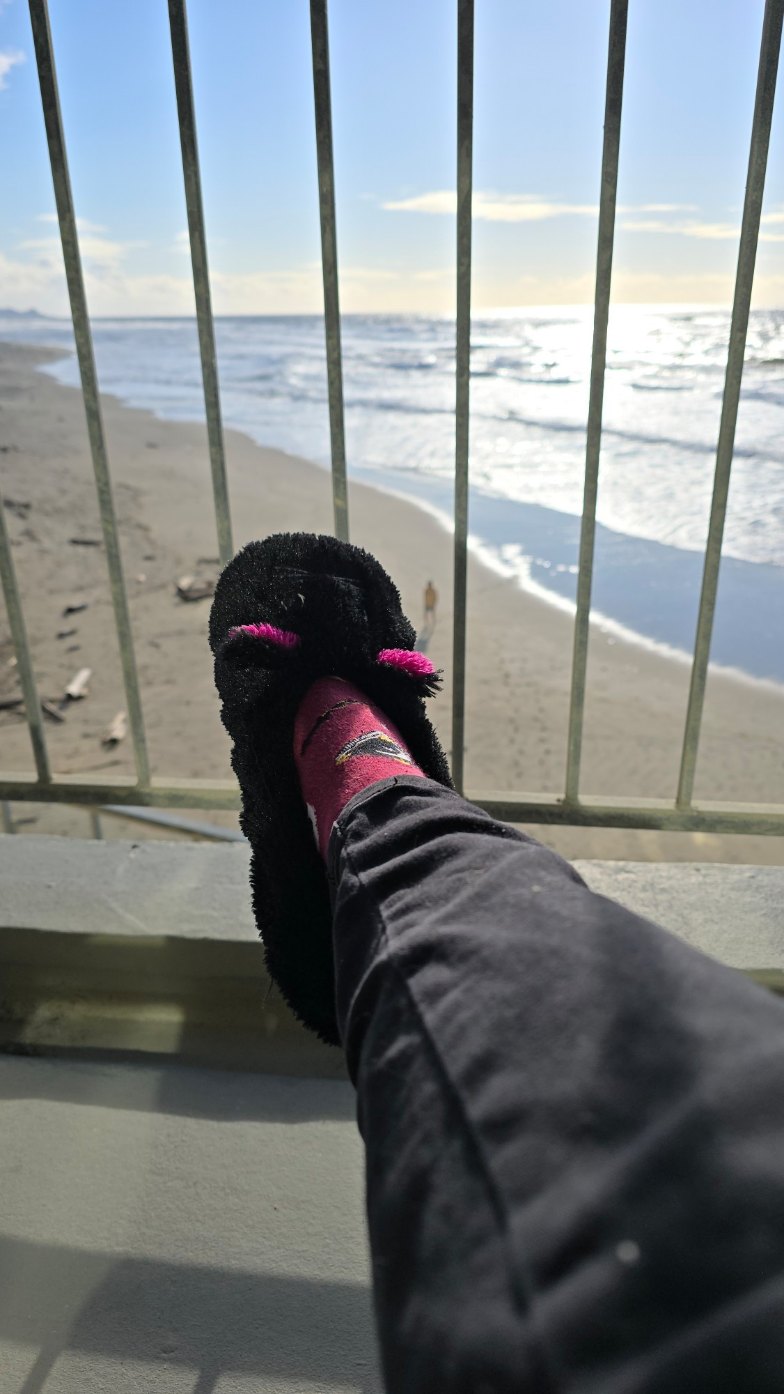 My black cat house slipper in front of the balcony railing, sun glare off the sea