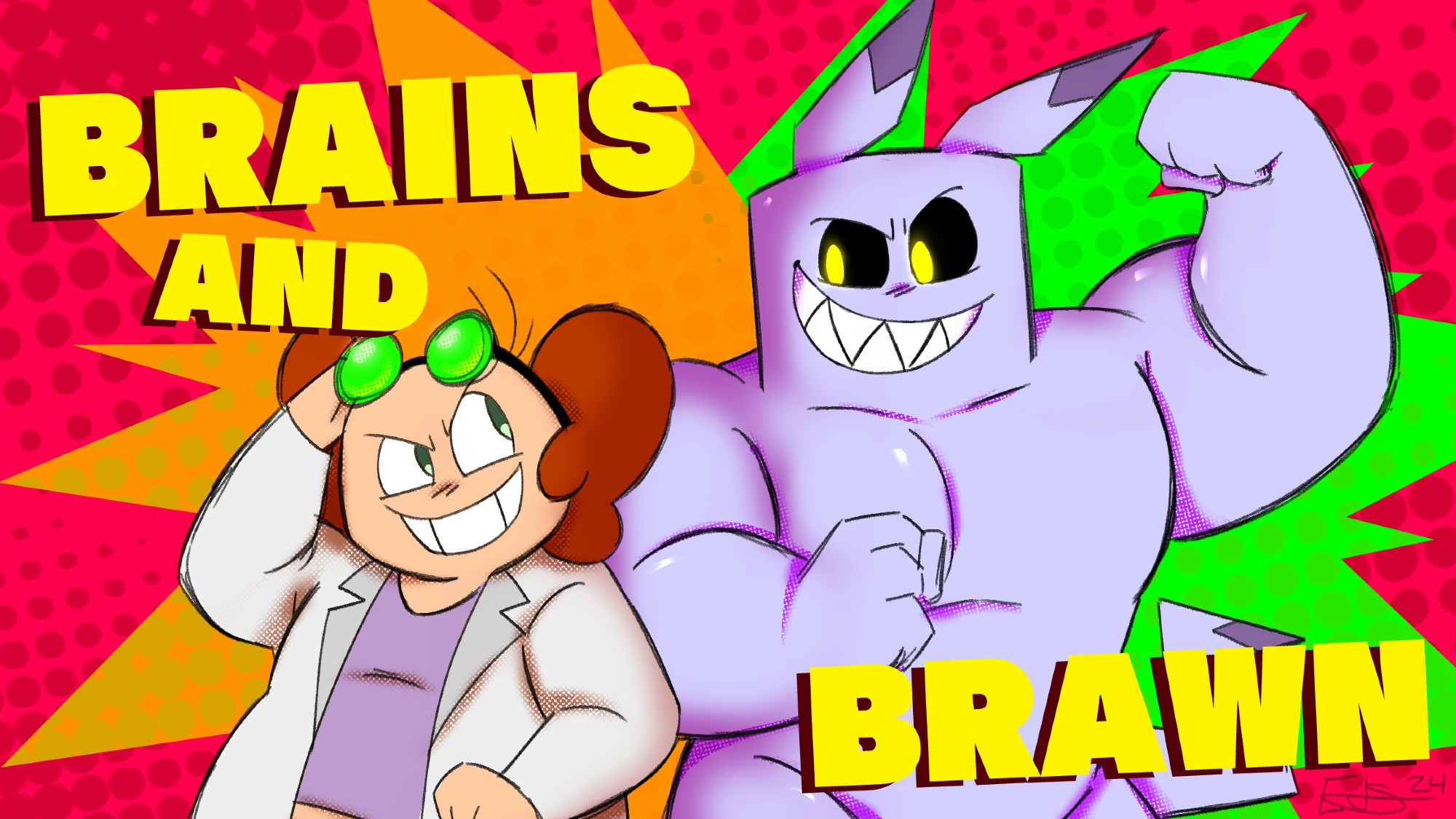 Two individuals, one human and the other an alien standing side by side smiling at each other. There's text that reads "Brains and Brawn".