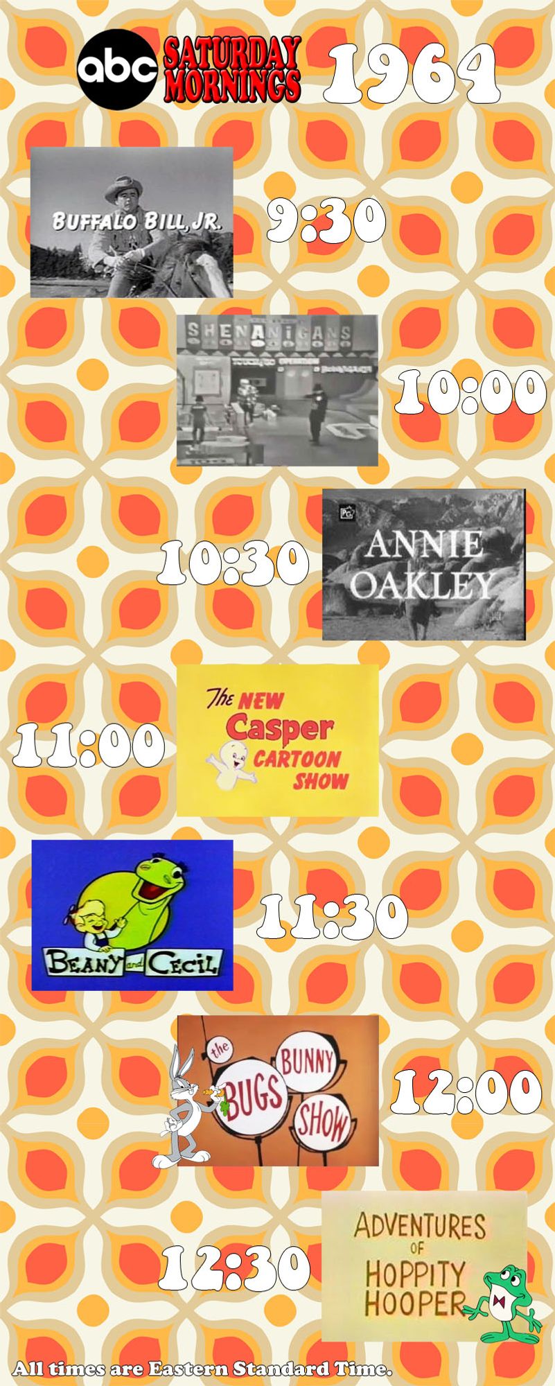 ABC Saturday morning schedule 1964: Buffalo Bill Jr., Shenanigans, Annie Oakley, The New Casper Cartoon Show, Beancy & Cecil, The Bugs Bunny Show and Adventures of Hoppity Hooper.