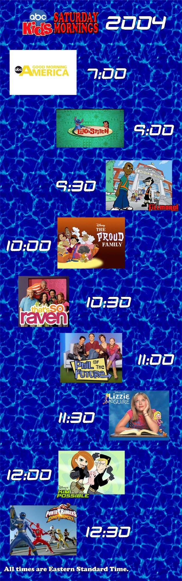 ABC Saturday morning schedule 2004: Good Morning America, Lilo & Stitch, Fillmore!, The Proud Family, That's So Raven, Phil of the Future, Lizzie McGuire, Kim Possible and Power Rangers Dino Thunder.