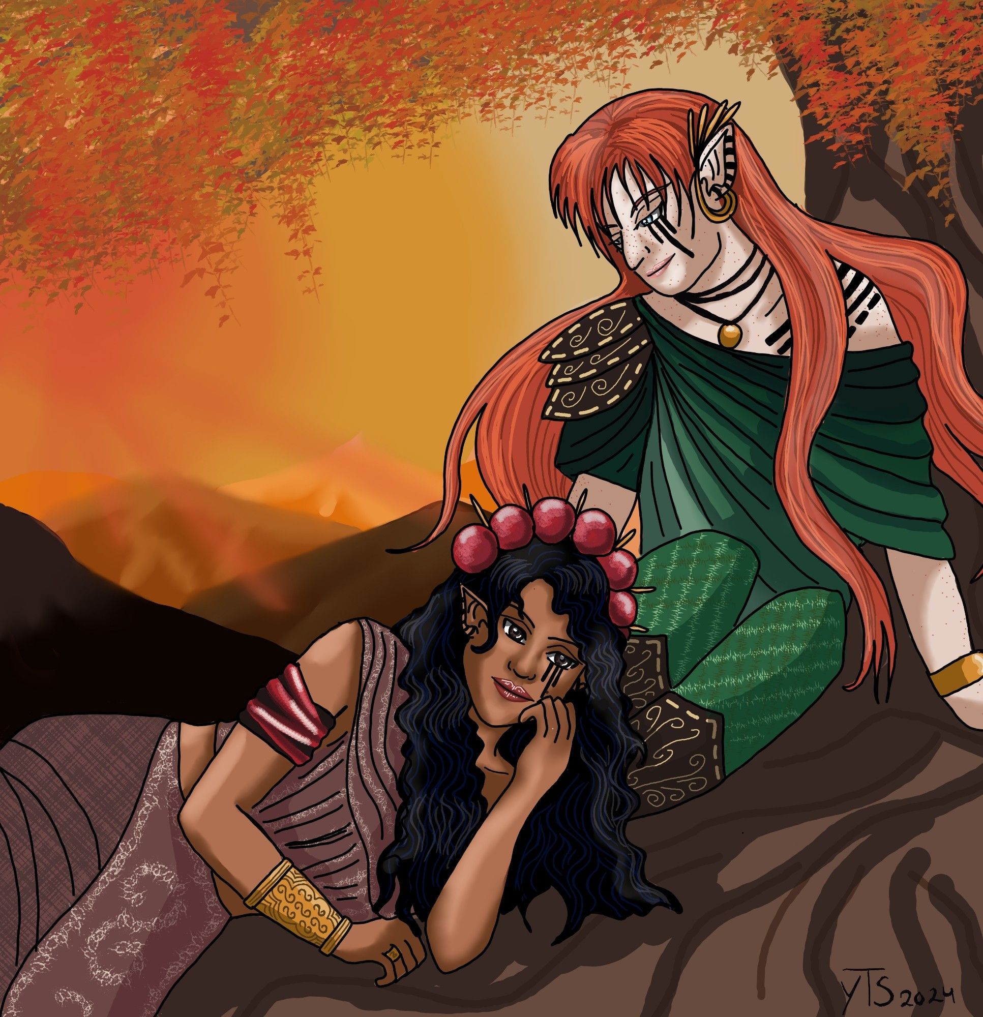 Two Avari-Elves resting under a tree with autumn coloured leaves. On the lower left, a female Elf with dark skin lies supported by the legs of her kindred. She wears brown clothes with red and golden accessories. To the upper right, there is a red-haired Elf of fluid gender. They wear green clothes with golden accessories. Both of them have tattoos on their face and we can also see the red-haired Elf has tattoos on his shoulder which show simple solid and dashed lines