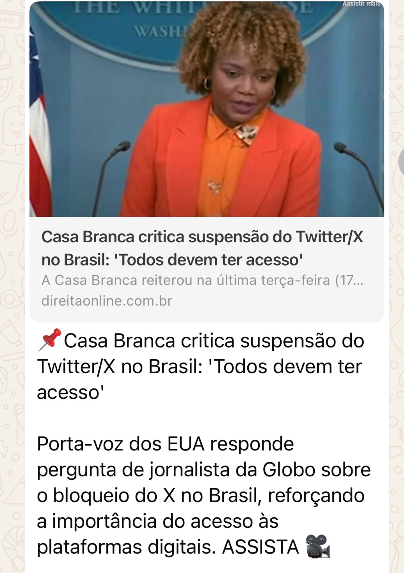 📌Casa Branca critica suspensão do Twitter/X no Brasil: ‘Todos devem ter acesso’

Porta-voz dos EUA responde pergunta de jornalista da Globo sobre o bloqueio do X no Brasil, reforçando a importância do acesso às plataformas digitais. 
. 

#Eleições2024 #Democracia #Corrupção #ReformaPolítica #PolíticaEconômica