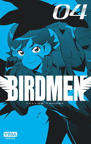 Capa do volume 4 de Birdmen. Tsubame chuta a capa do mangá, com uma feição determinada, mas sorrindo. Também utiliza o body suit com asas.