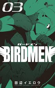 Capa do volume 3 de Birdmen. Mikisada, um jovem careca, posa utilizando o mesmo body suit com asas dos outros personagens.