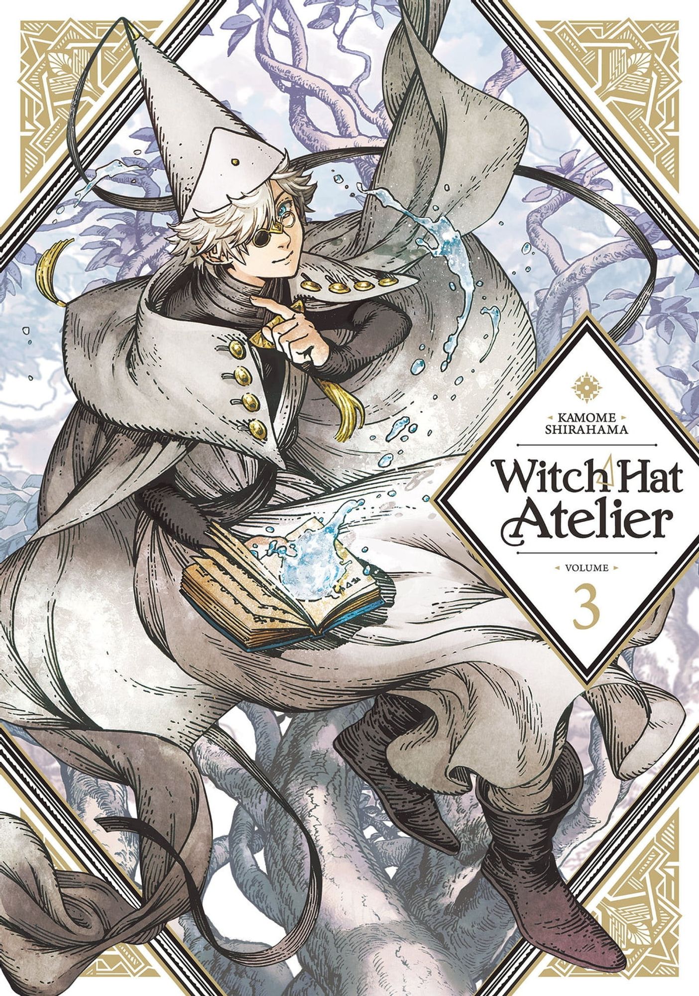 Capa do terceiro volume de Witch Hat Atelier. Qifrey posa para o leitor, vestido de bruxo. O mesmo tem uma feição satisfeita, usa um par de óculos em que uma das lentes é escura. Em sua mão direita um livro aberto em que água sai e flutua do mesmo.