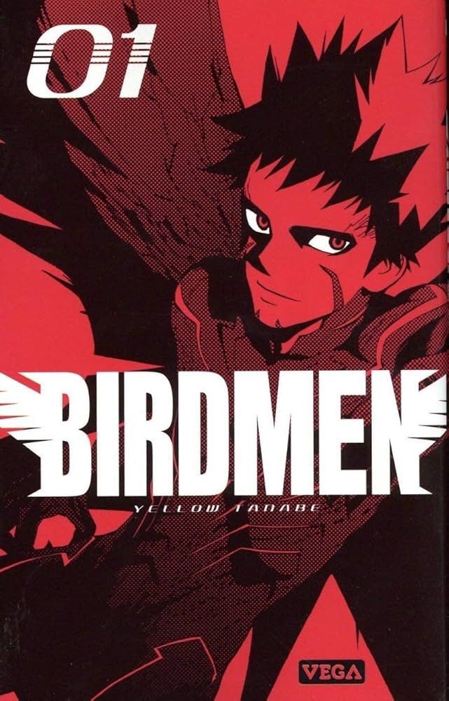 Capa do volume 1 de Birdmen. Ilustra Sou um garoto de cabelos curtos e arrepiados, o mesmo usa uma espécie de collant e tem um par de asas de pássaro.