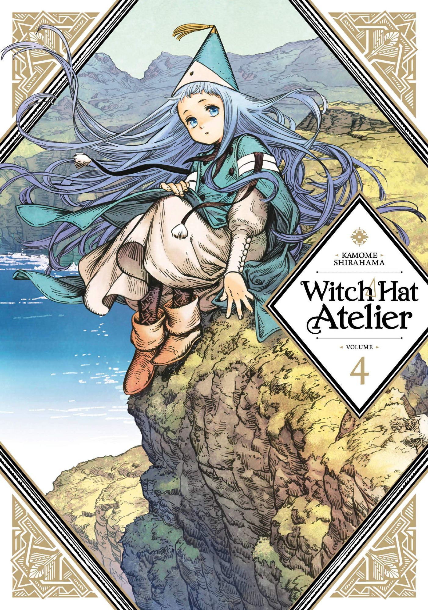 Capa do quarto volume de Witch Hat Atelier. Richeh está sentada próxima de um penhasco. Vestida de bruxa, com os cabelos esvoaçados e feição neutra. Atrás dela se vê um grande corpo d'água e o restante do campo aberto em que ela se encontra.