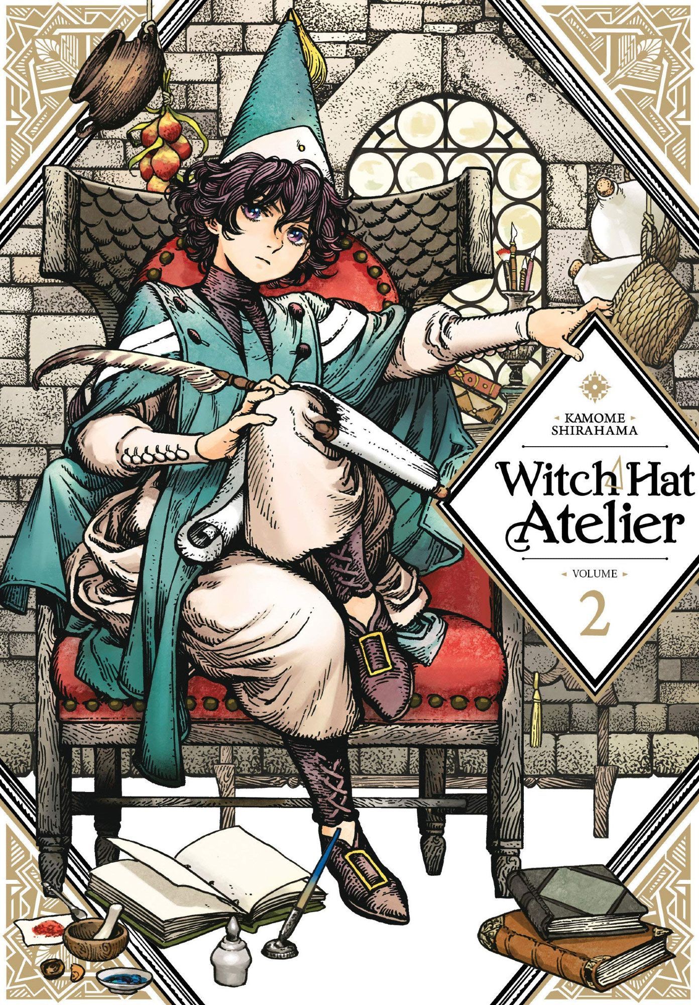 Capa do segundo volume de Witch Hat Atelier. Agott está sentada numa grande cadeira, ao seus pés livros, canetas e outros materiais. Ela usa um uniforme de bruxa, feição séria e apoiada em sua mão e perna um pergaminho e uma pena de escrever.