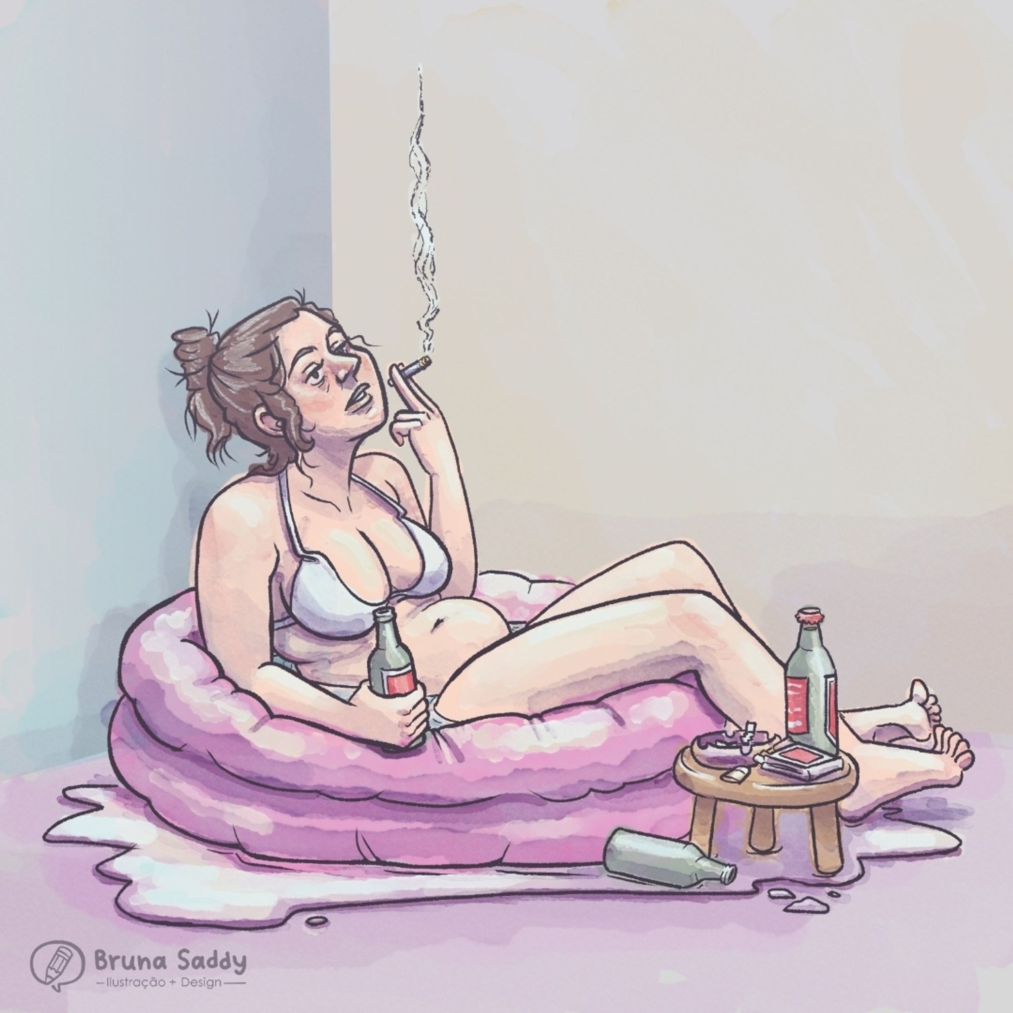 Ilustração digital que retrata uma mulher adulta sentada quase sem caber dentro de uma piscina infantil. Ela está de biquíni, com o cabelo em coque, fumando e com uma garrafa de cerveja na mão enquanto olha para o nada.