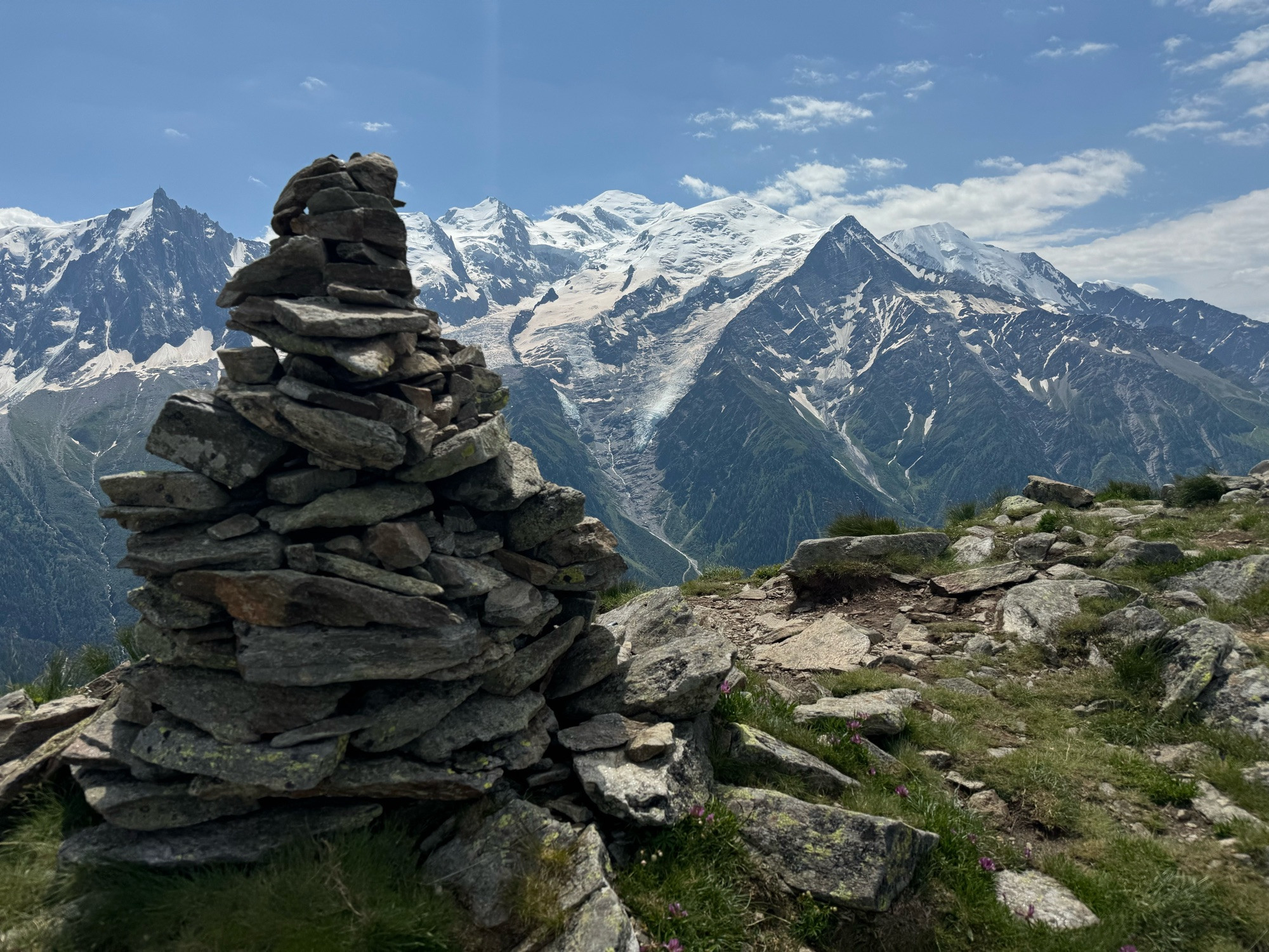 A big cairn with Mt Blanc as a back drop