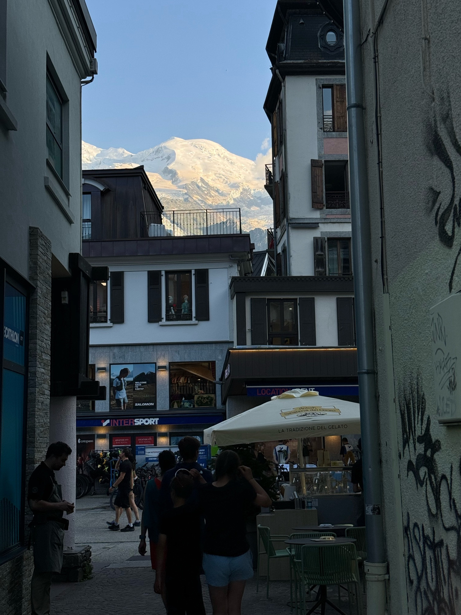 Chamonix street with Mt Blanc view