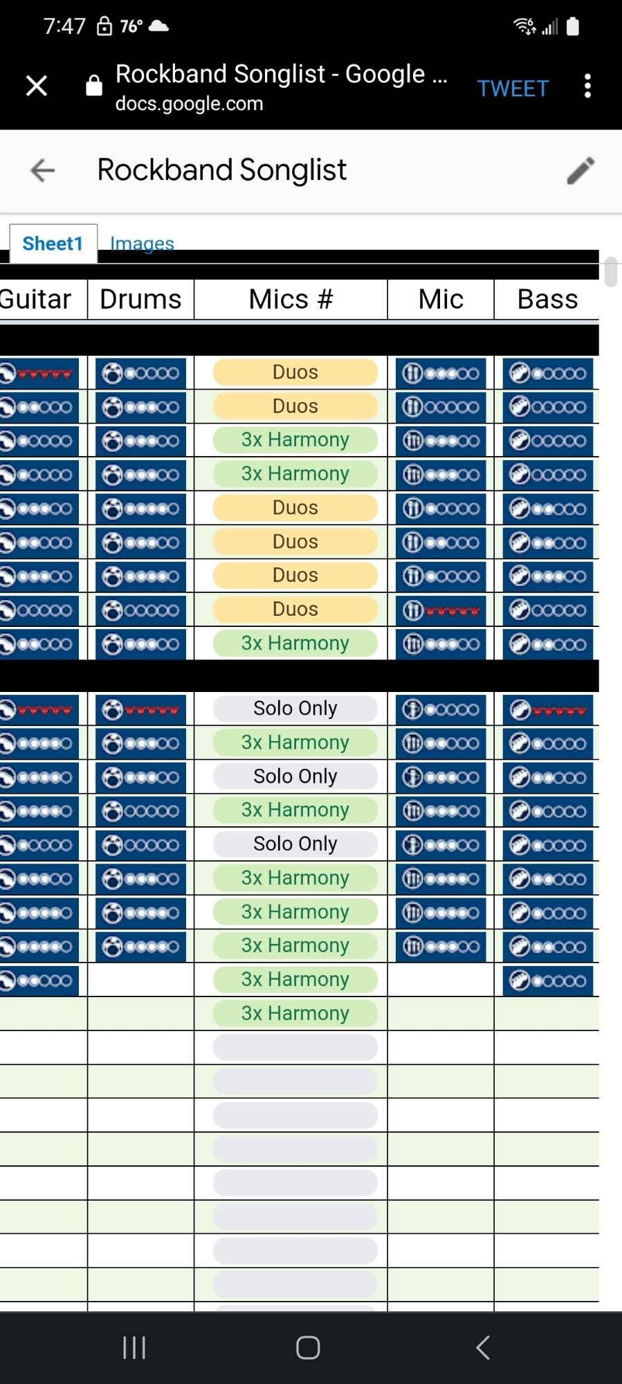 Spreadsheet of 22 out of 1334 rockband songs images compiled