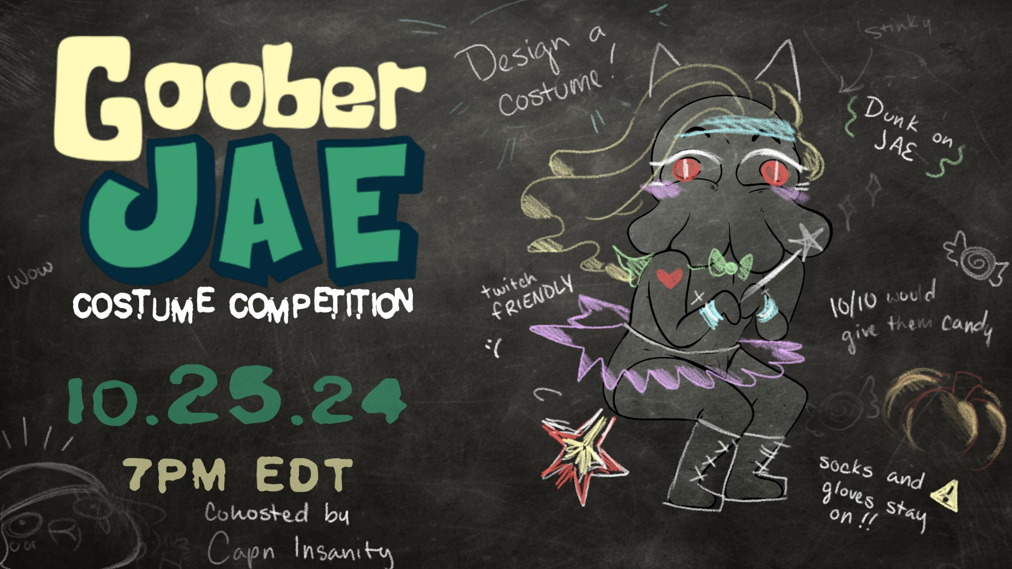 Graphic depicting a costume competition on a fake chalkboard with silly graffiti doodles for 10/25/24 more info on the post link.