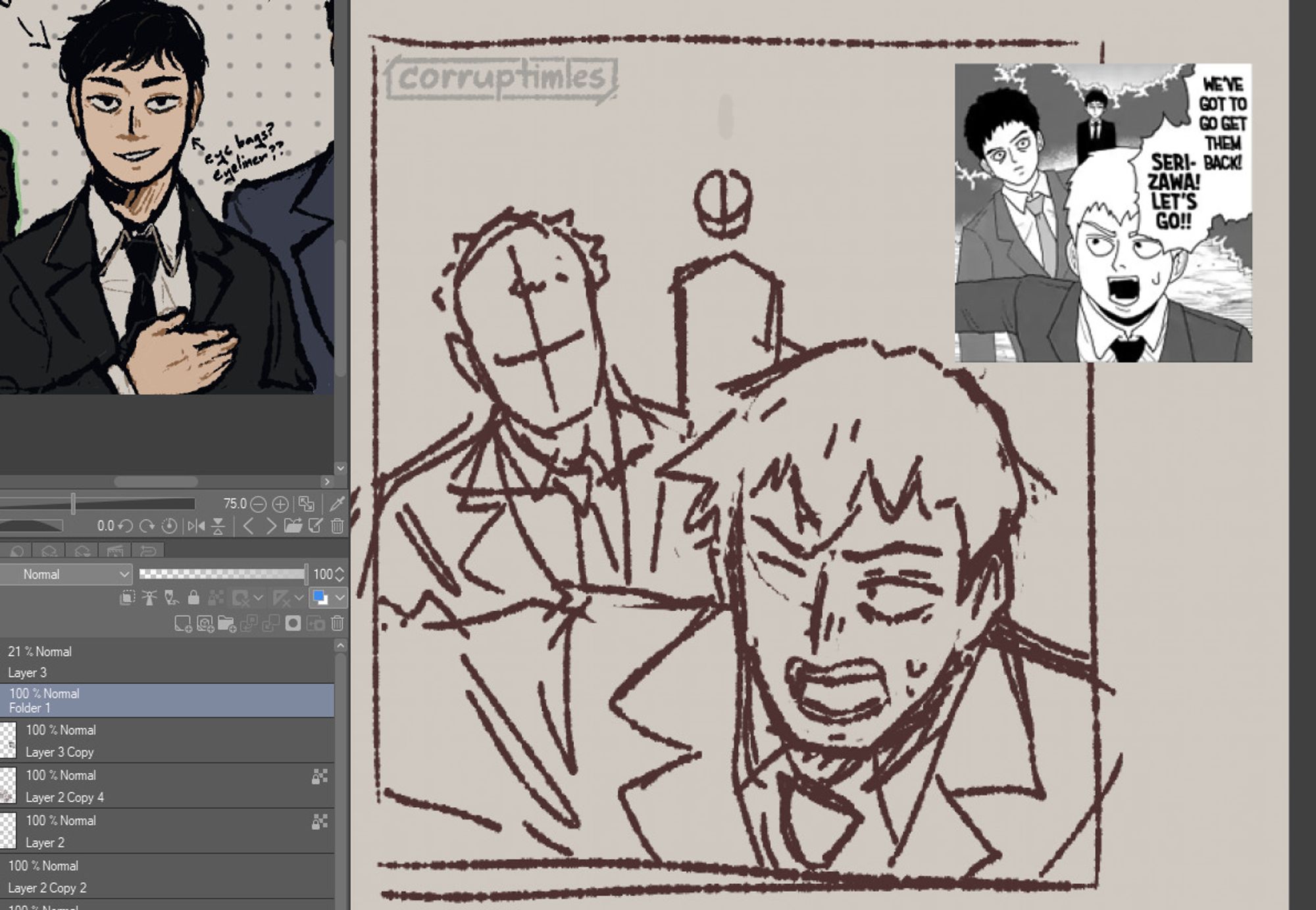 A screencap of a digital art using Clip Studio Paint. The art is an unfinished redrawing of a panel from the Reigen manga. In the art, Reigen Arataka has the most detail so far, Serizawa Katsuya as just a rough sketch with hair and clothing details, and Roshuto Dozen as just a head and body shape.
The original manga panel is over the sketch in the corner. 
In the 'sub view' window in CSP's overlay is finished coloured drawing of Roshuto Dozen.