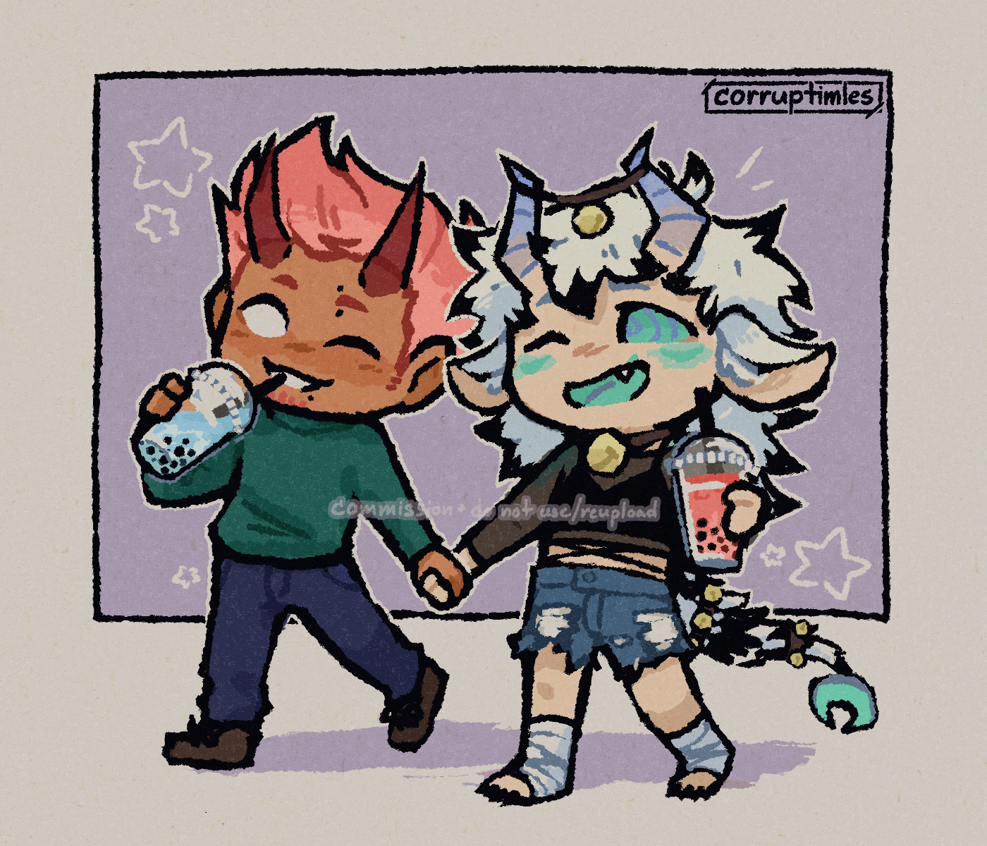 Chibi drawing of two characters, Lance and Sanvij, walking together, holding hands, and drinking bubble tea. 
Lance is a tan humanoid character with short pink hair slicked upwards, glowing white eyes, and translucent, straight red horns. He has piercings through his left eyebrow and below his lips, and wears a green turtleneck, blue pants, and brown shoes. His bubble tea is shades of blue.
Sanvij is a pale humanoid character with long, wild white hair with black tips, blue eyes with a purple swirl, blue stripes under the eyes, blue mouth and tongue, sharp teeth, tall curved horns fading to blue, goat-like ears, and a striped fluffy tail ending with a blue moon-shape at the end. He's wearing a mesh shirt over a black bralette, ripped denim shorts, and bells tied around his neck, horns, and tail. His legs and feet are wrapped in white bandages. His bubble tea is in shades of pink. 
The background behind them is a light purple square with little star doodles. 