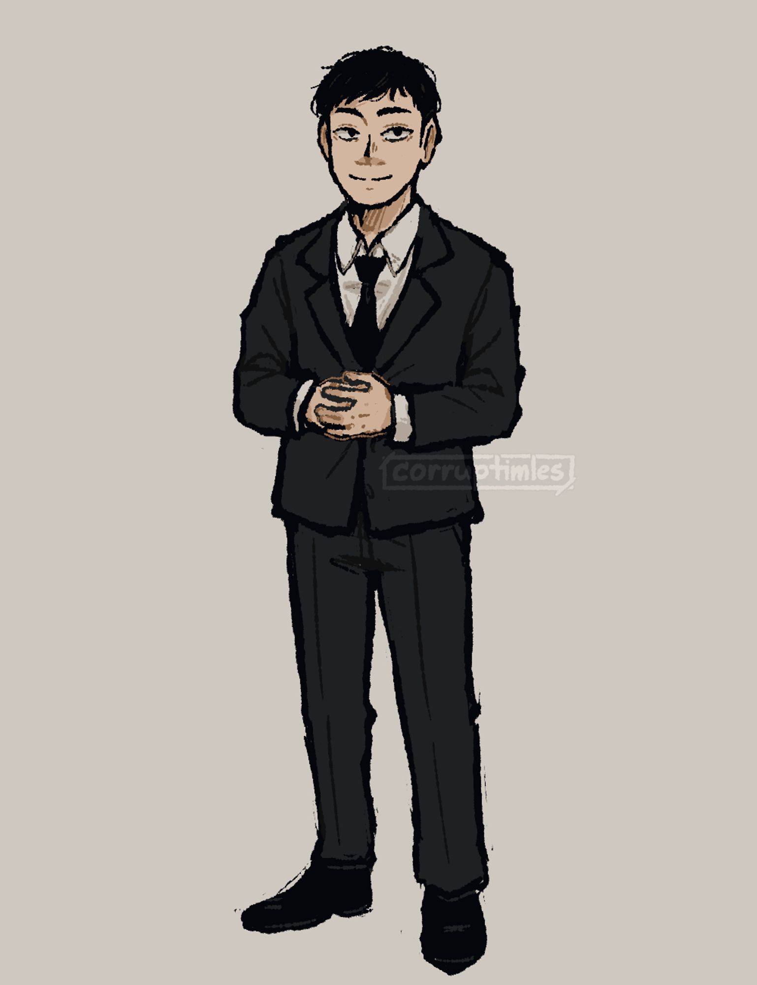 Digital art of Roshuto Dozen from Mob Psycho 100, posed as the "You Know I Had to Do It to Em" meme, smiling, full body straight, with his hands clasped together.