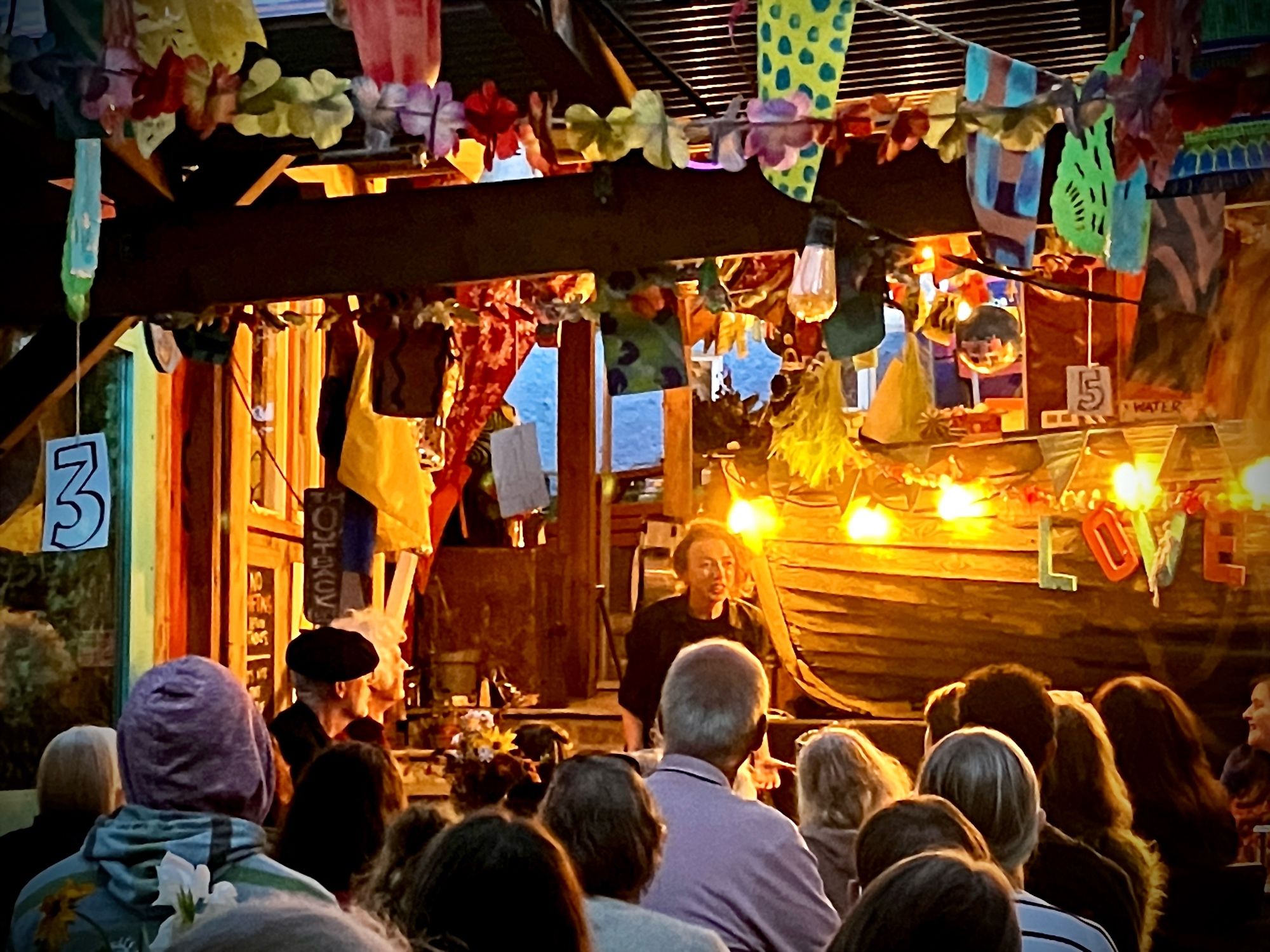 A busy photo of Clare Murphy, centre, facing the audience, above their heads, from the steps by the boat with assorted bunting and decorations overhead.

I left my camera at home this time and walked down to meet a couple of friends for a Monday evening with Clare. 

Captivated.