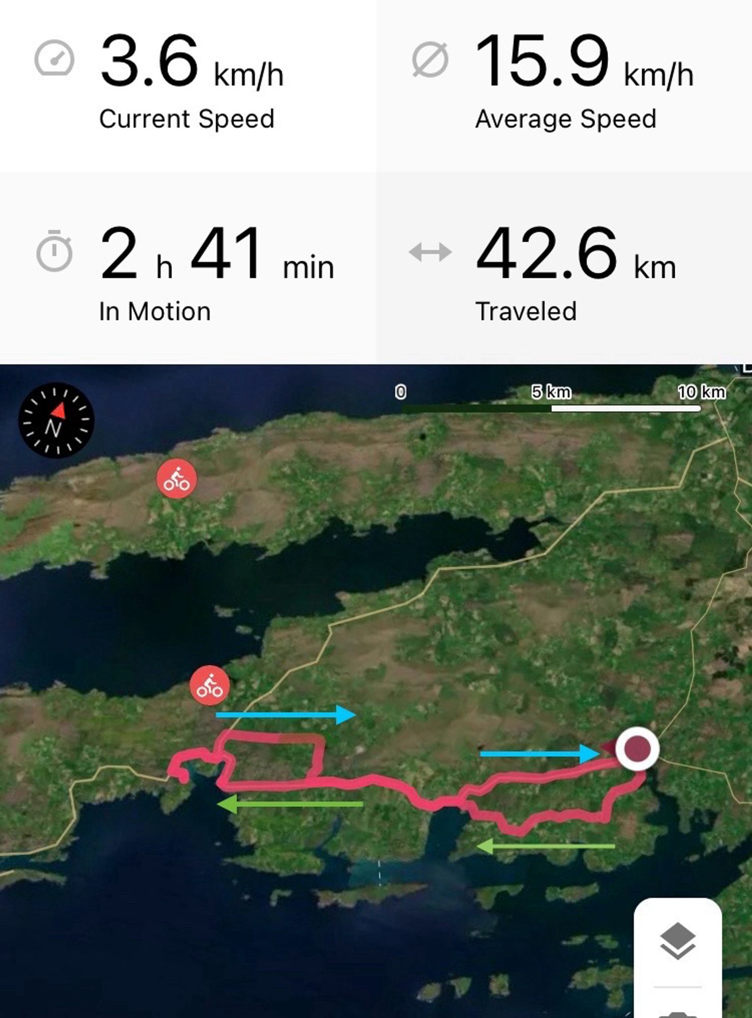 Screenshot: Map showing route out and back from Ballydehob to Ballyrisode.

A 42.6 kilometre trip which at times followed the Euro Velo 1 cycling route, alternates and the main road. 

Two hours and forty one minutes moving time.